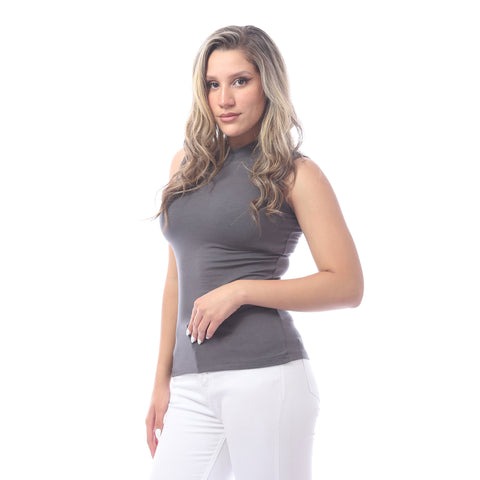 Women Basic Shirt, high neck, Sleeveless-Grey