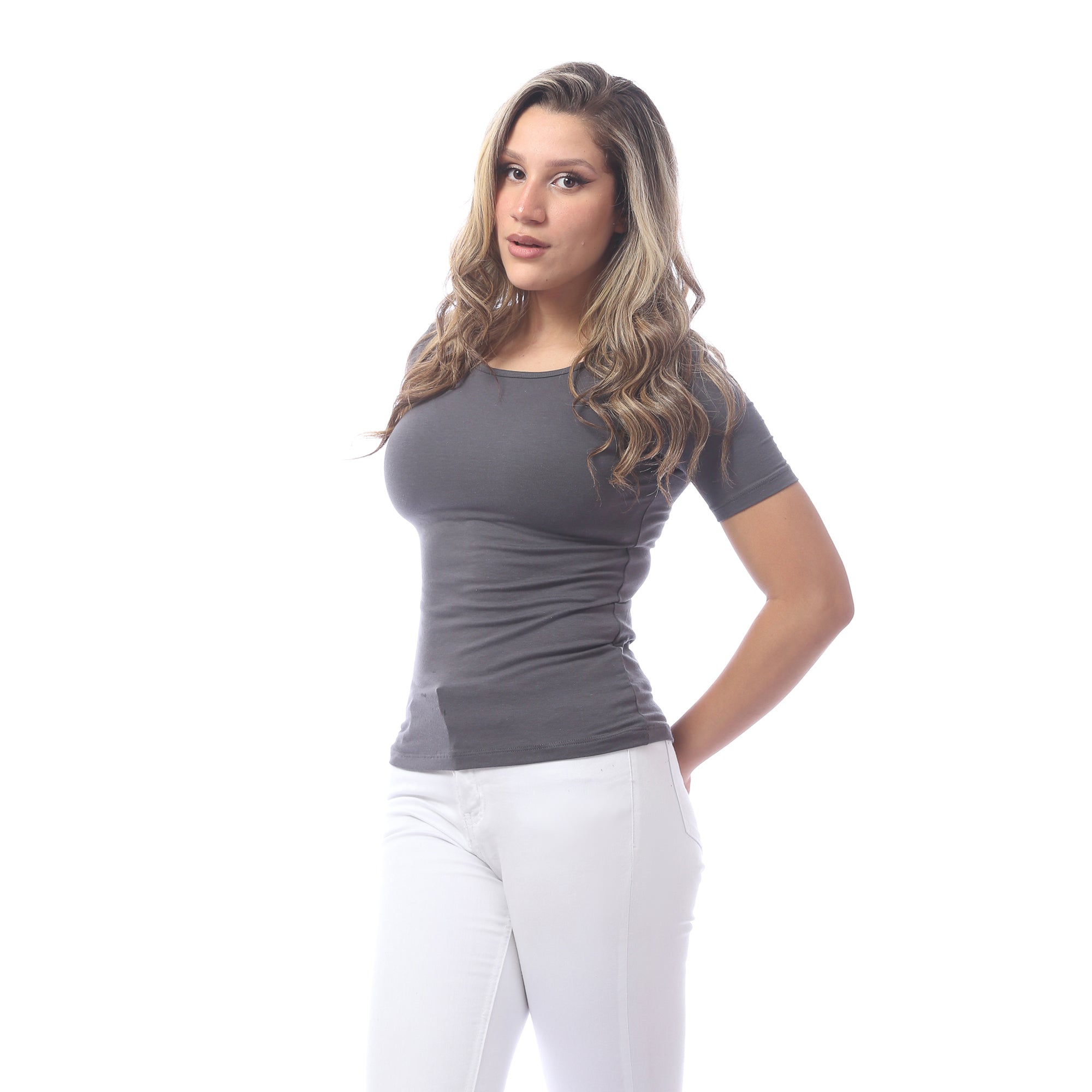 Women Basic shirt, short sleeve- grey