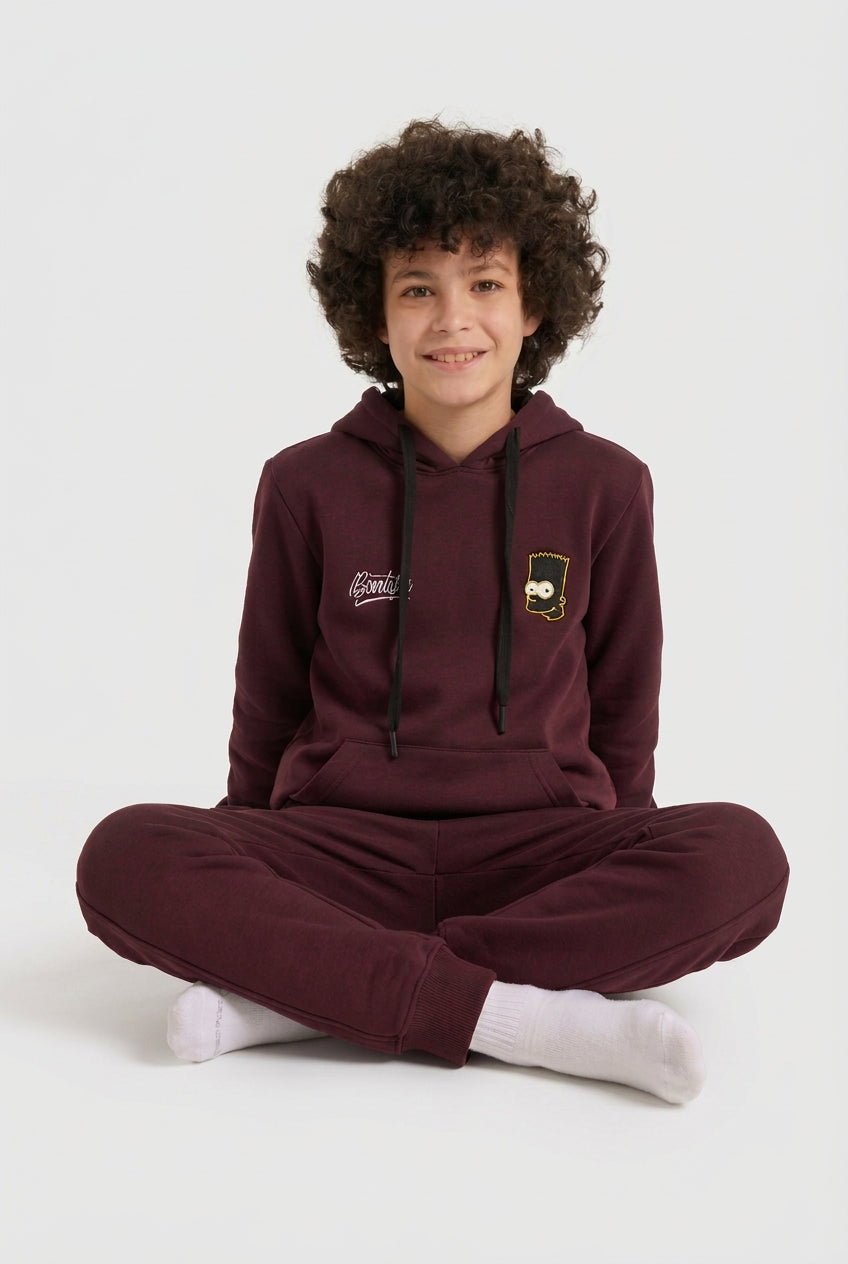 Boys’ Maroon Hoodie Pajama Set with Cartoon Back Print
