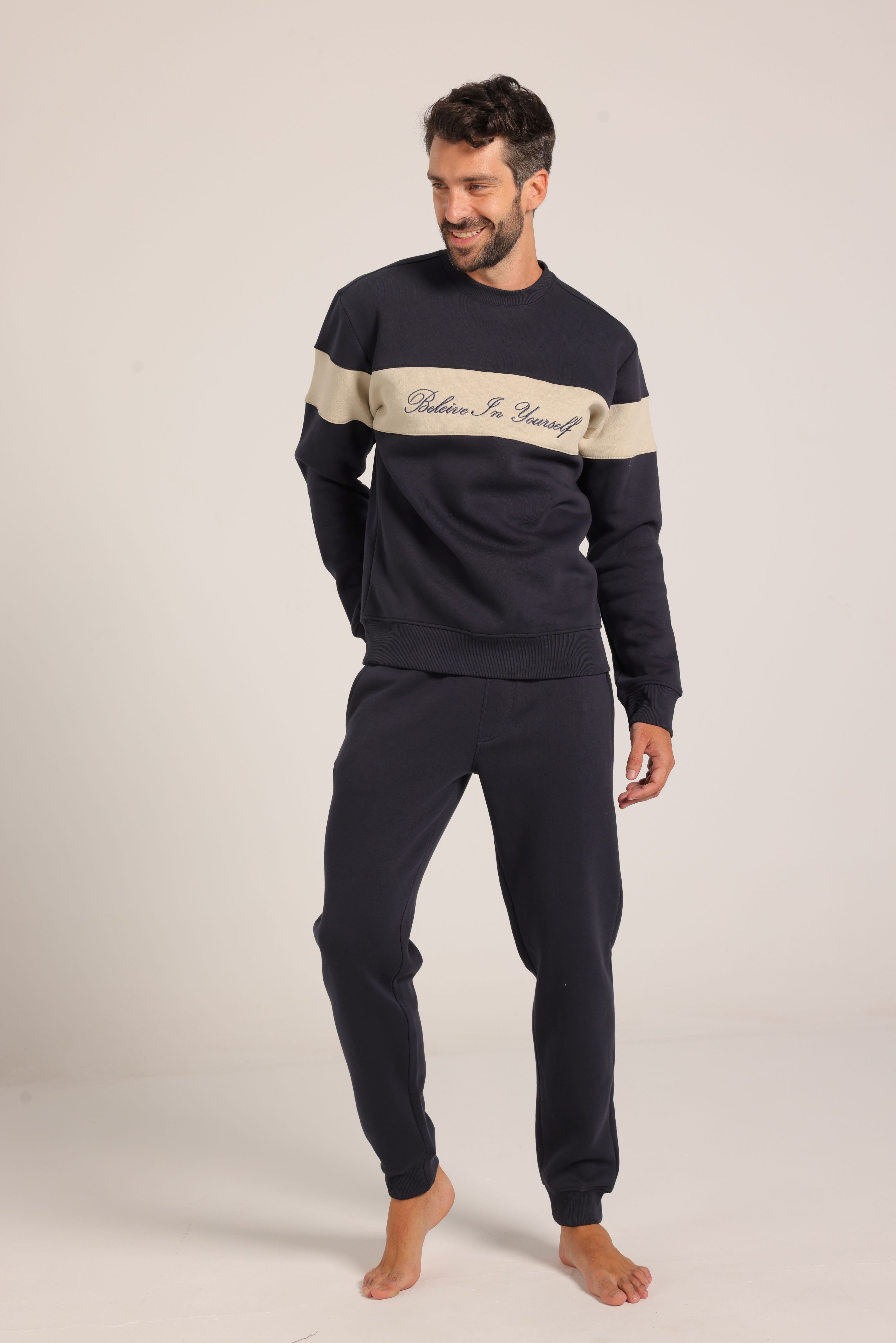 Men’s Lined Tracksuit with Contrast Chest Stripe – Navy Blue