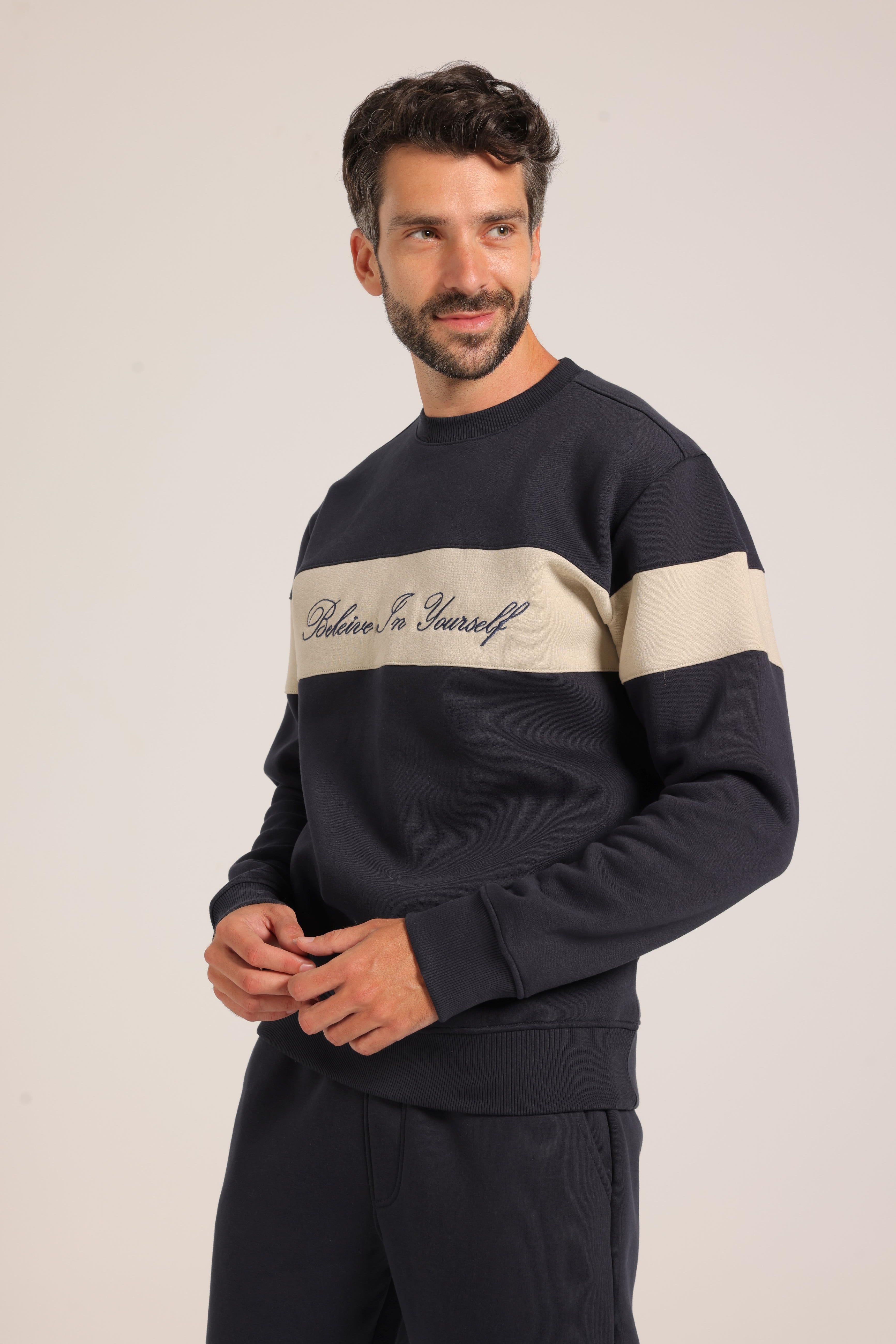 Men’s Lined Tracksuit with Contrast Chest Stripe – Navy Blue