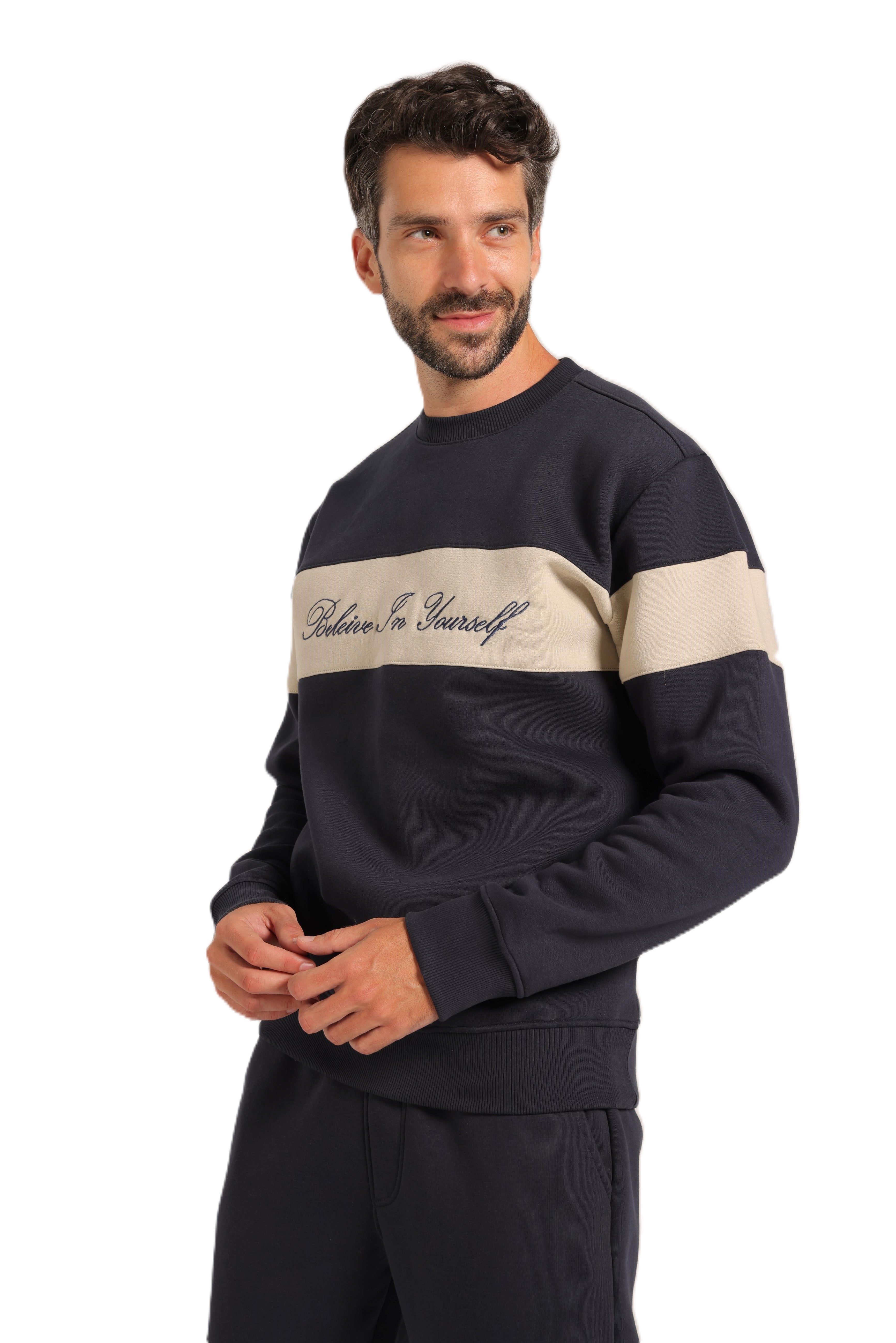 Men’s Lined Tracksuit with Contrast Chest Stripe – Navy Blue