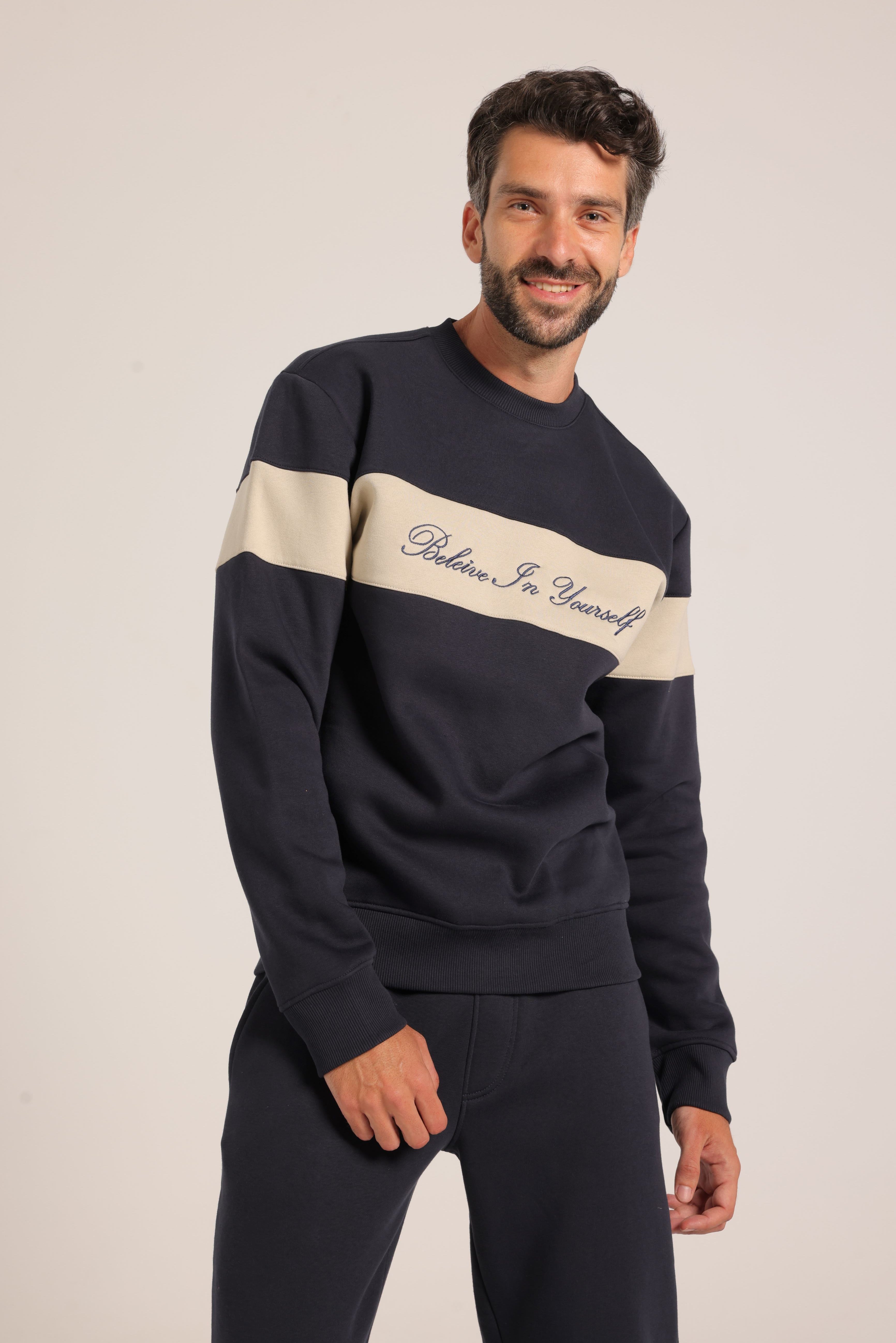 Men’s Lined Tracksuit with Contrast Chest Stripe – Navy Blue