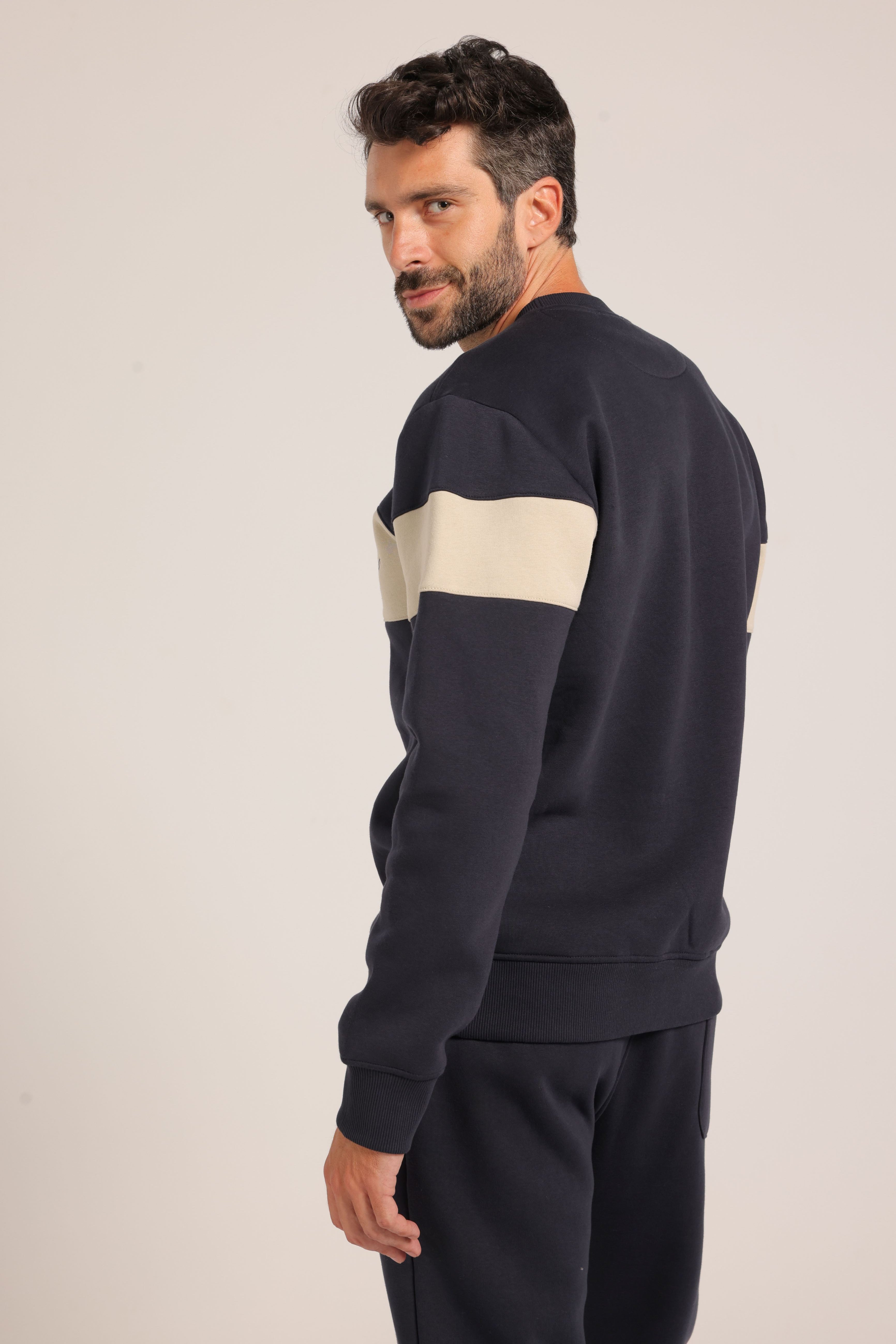 Men’s Lined Tracksuit with Contrast Chest Stripe – Navy Blue