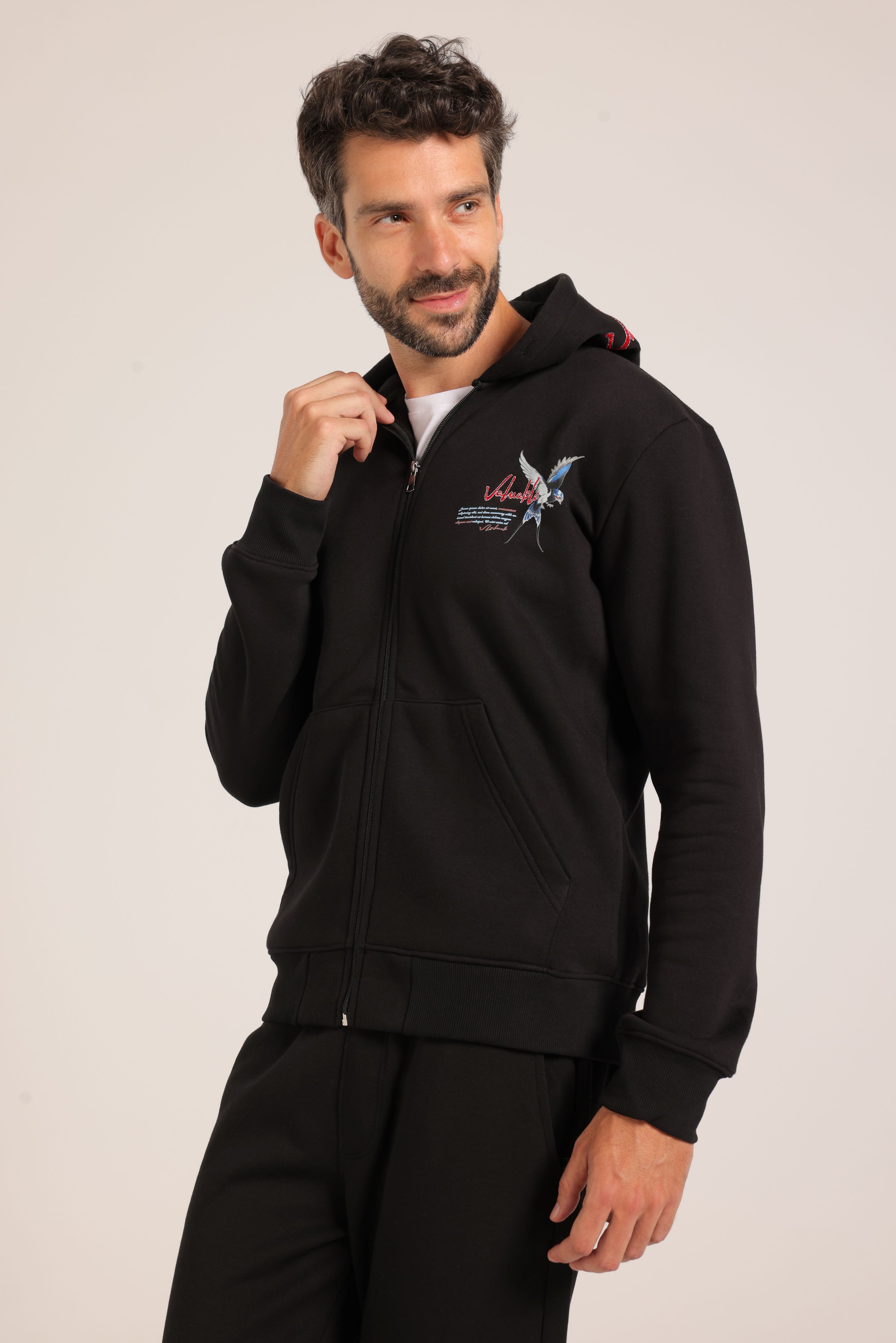 Men’s Black Zip-Up Hoodie with Embroidered Back Design