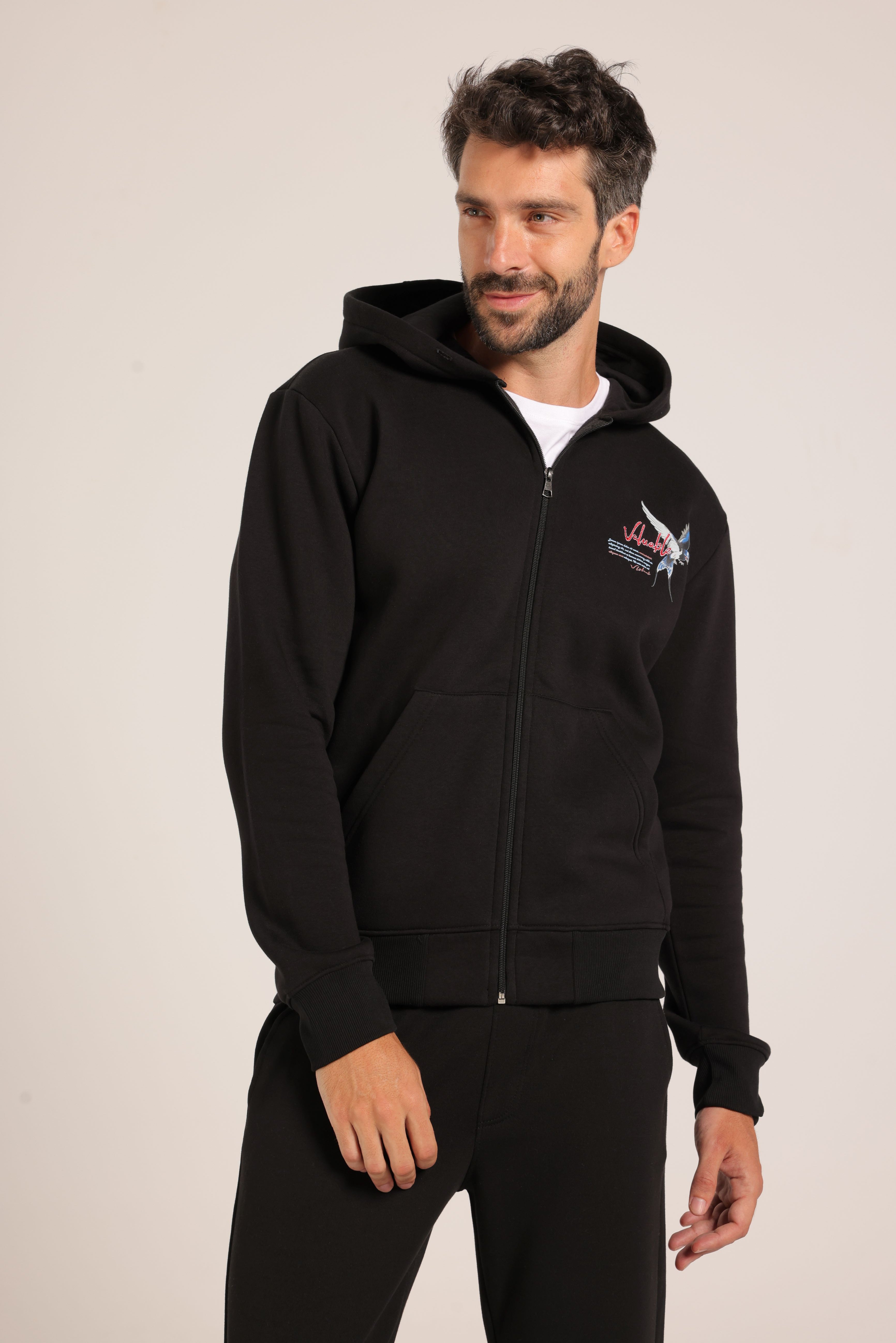 Men’s Black Zip-Up Hoodie with Embroidered Back Design