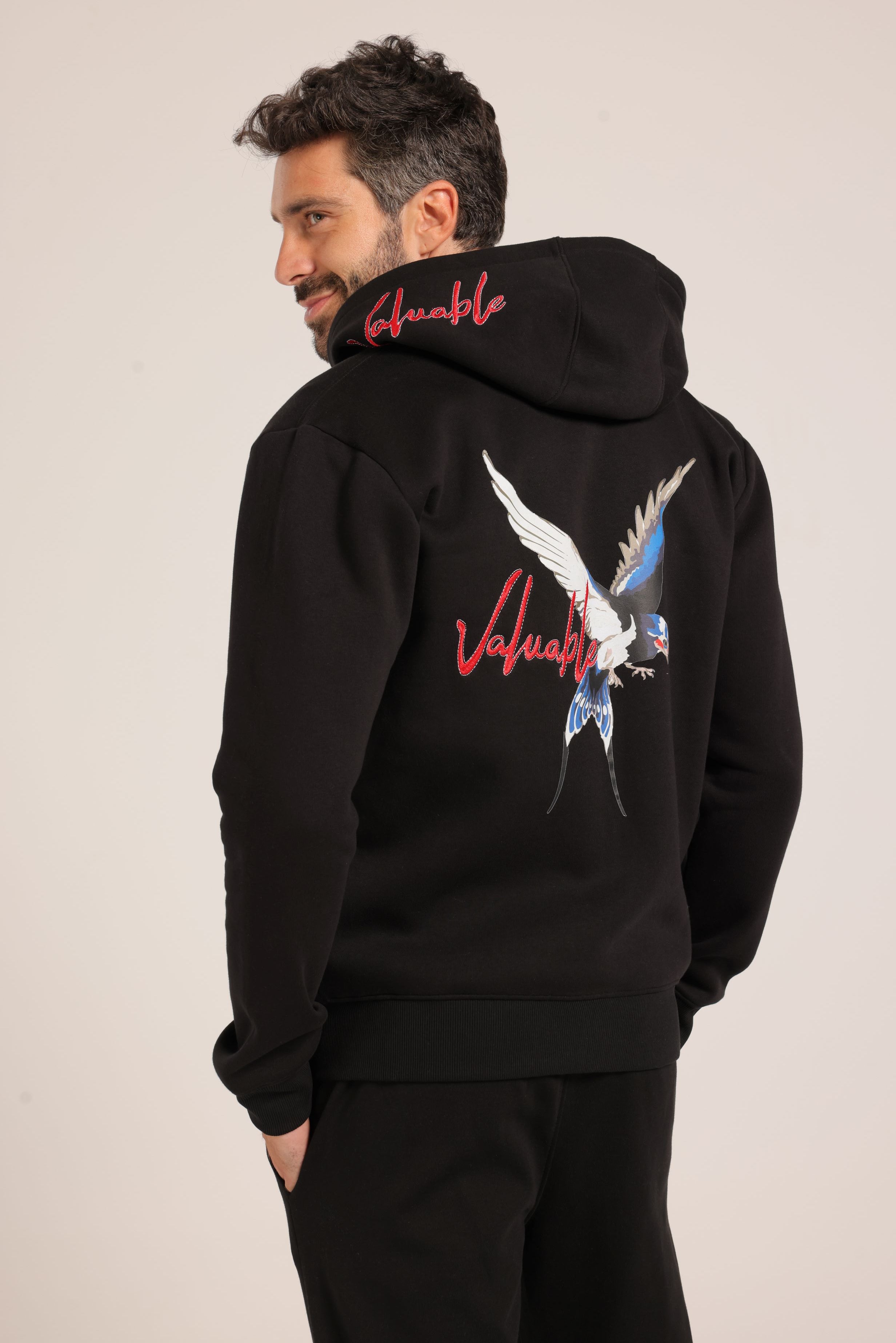 Men’s Black Zip-Up Hoodie with Embroidered Back Design