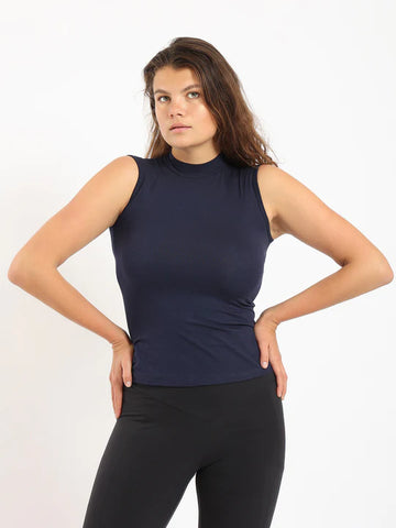 Women Basic Shirt, high neck, Sleeveless-Navy Blue