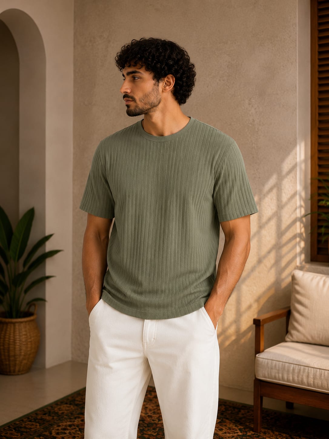 Men's olive green jacquard crew-neck t-shirt