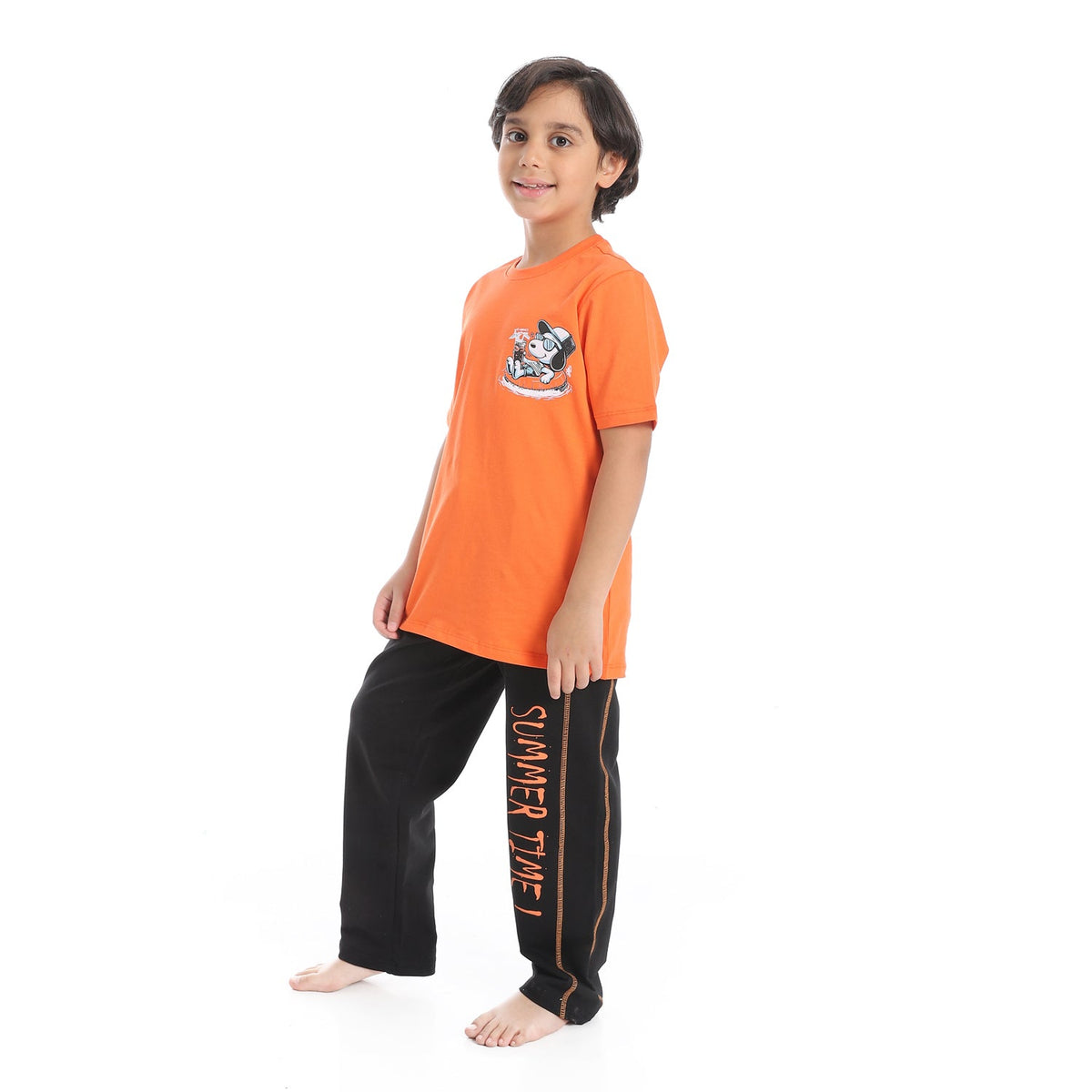 Boys’ Active Summer Pajama Set – Orange T-Shirt & Printed Black Pants - Red Cotton