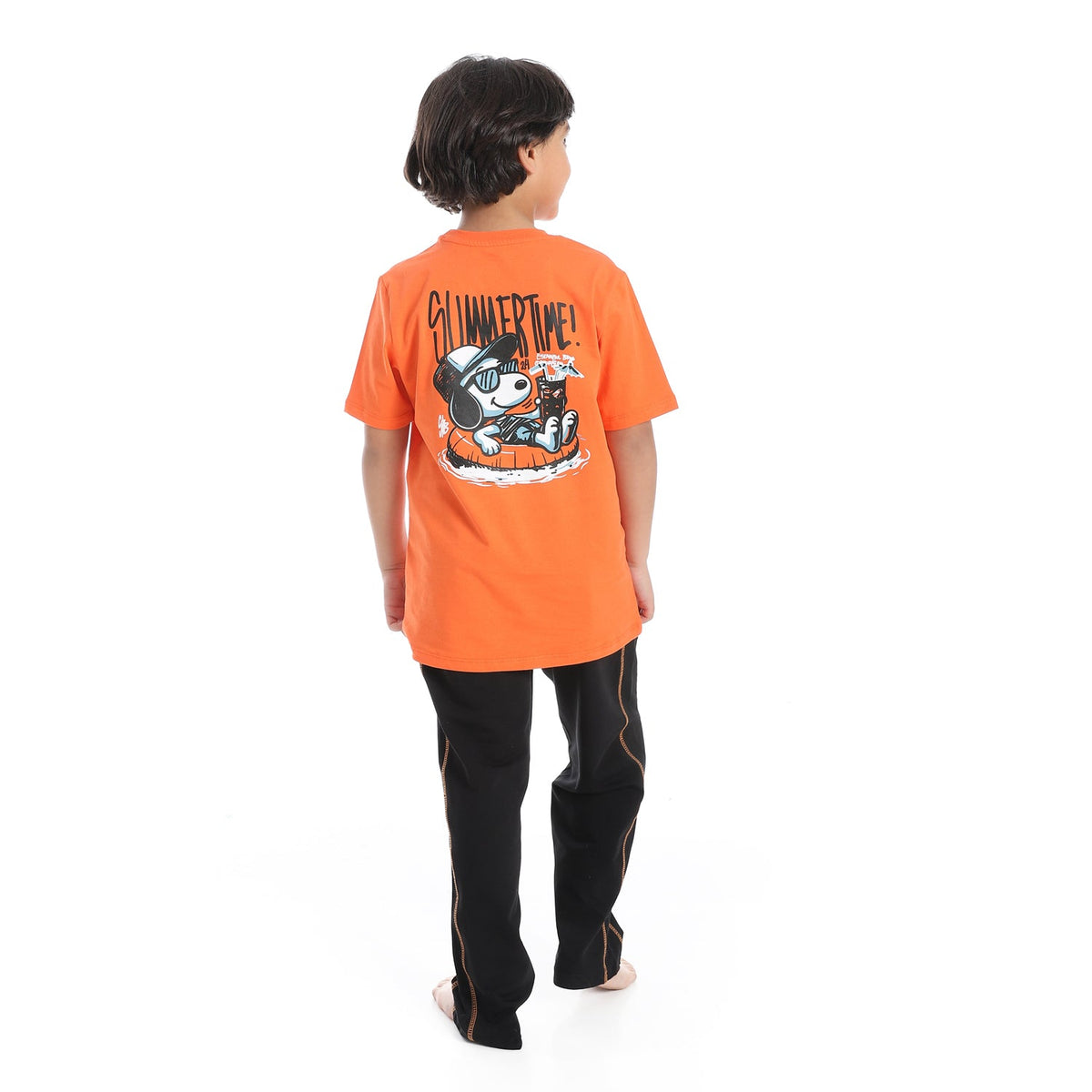 Boys’ Active Summer Pajama Set – Orange T-Shirt & Printed Black Pants - Red Cotton
