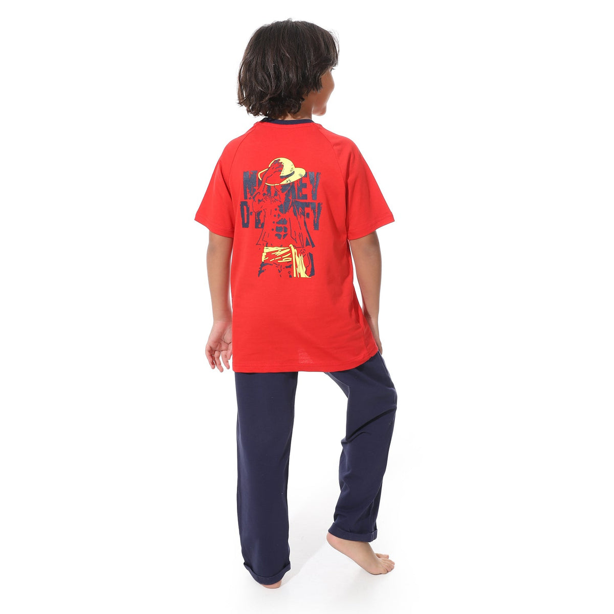 Boys' Active Summer Pajama Set – Red T-Shirt & Printed Navy Loose-Fit Pants - Red Cotton