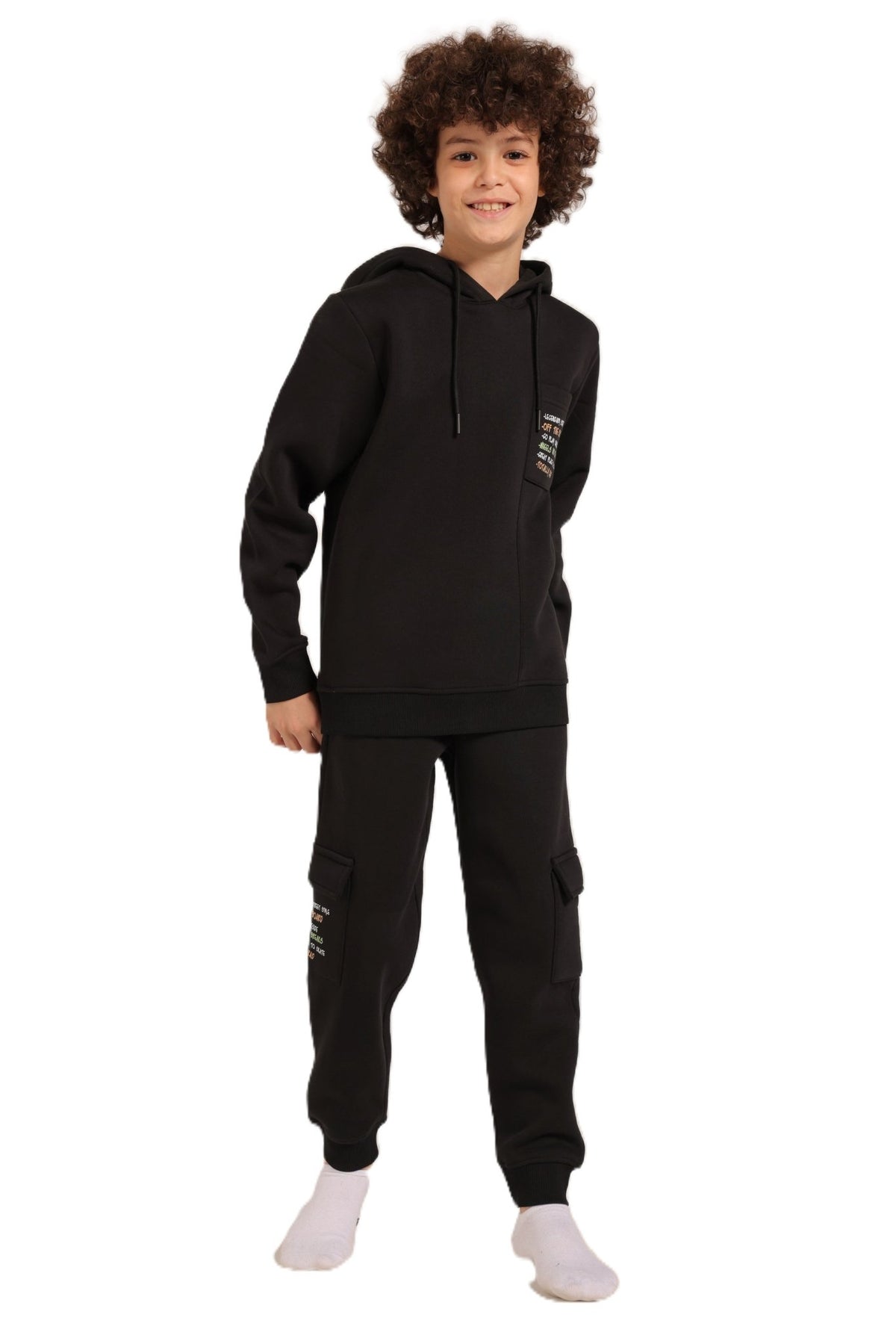 Boys’ Black Hoodie & Cargo Jogger Set – Street Style Comfort - Red Cotton