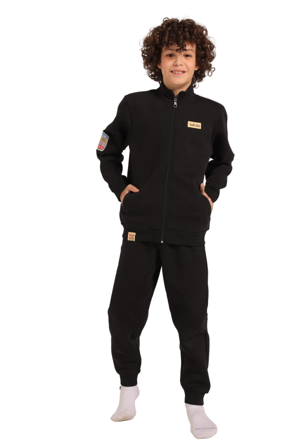 Boy’s Black Milton Tracksuit – Cozy Winter Set with Zipper Jacket & Jogger Pants - Red Cotton
