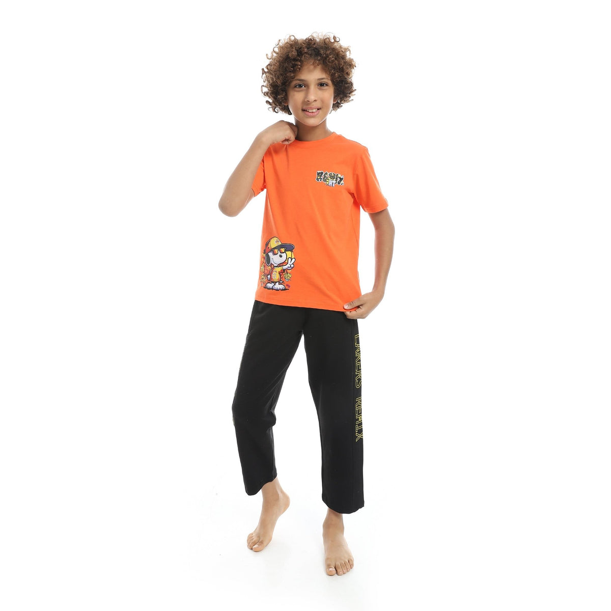 Boys Cool Pajama Set Printed - Orange - Red Cotton