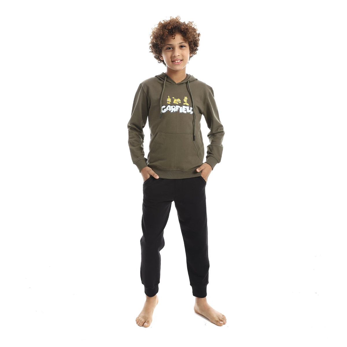 Boys' "Garfield" Graphic Hoodie & Joggers Autumn Set - Red Cotton