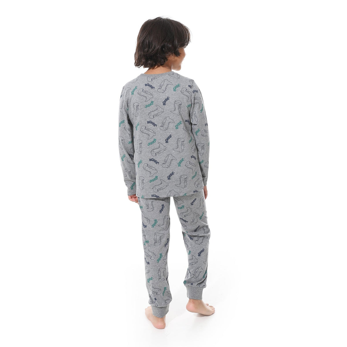 Boys’ Long Sleeve Pajama Set – Print in Soft Grey - Red Cotton