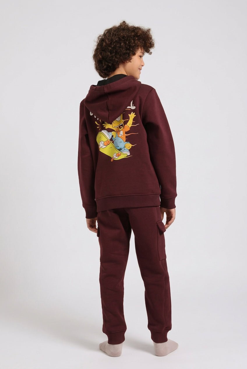 Boys’ Maroon Hoodie Pajama Set with Cartoon Back Print - Red Cotton