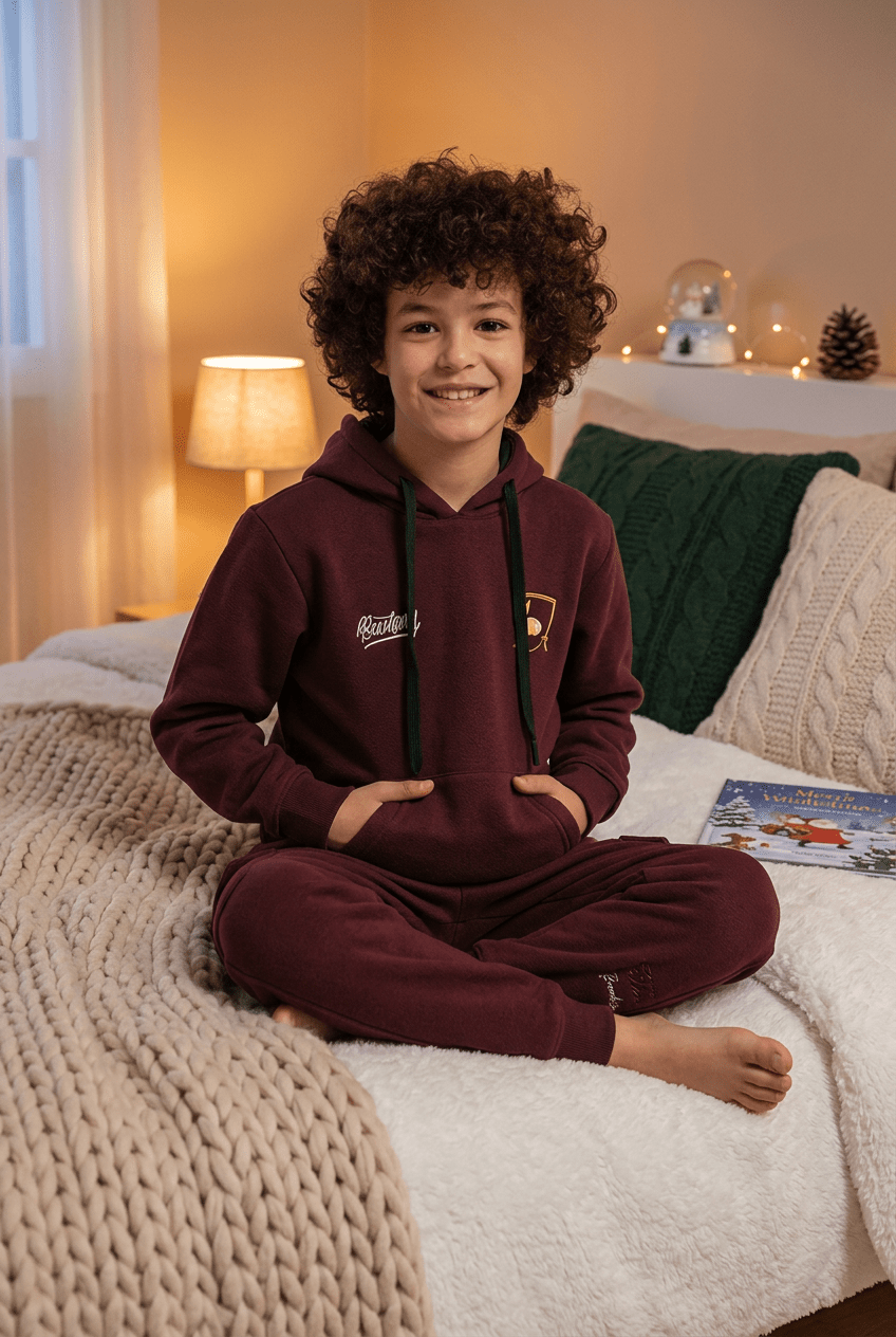 Boys’ Maroon Hoodie Pajama Set with Cartoon Back Print - Red Cotton