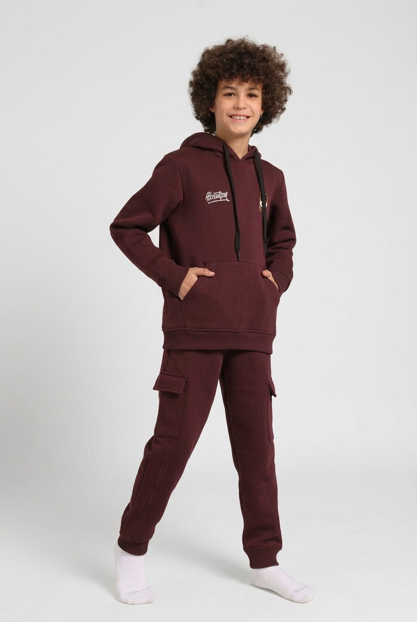 Boys’ Maroon Hoodie Pajama Set with Cartoon Back Print - Red Cotton