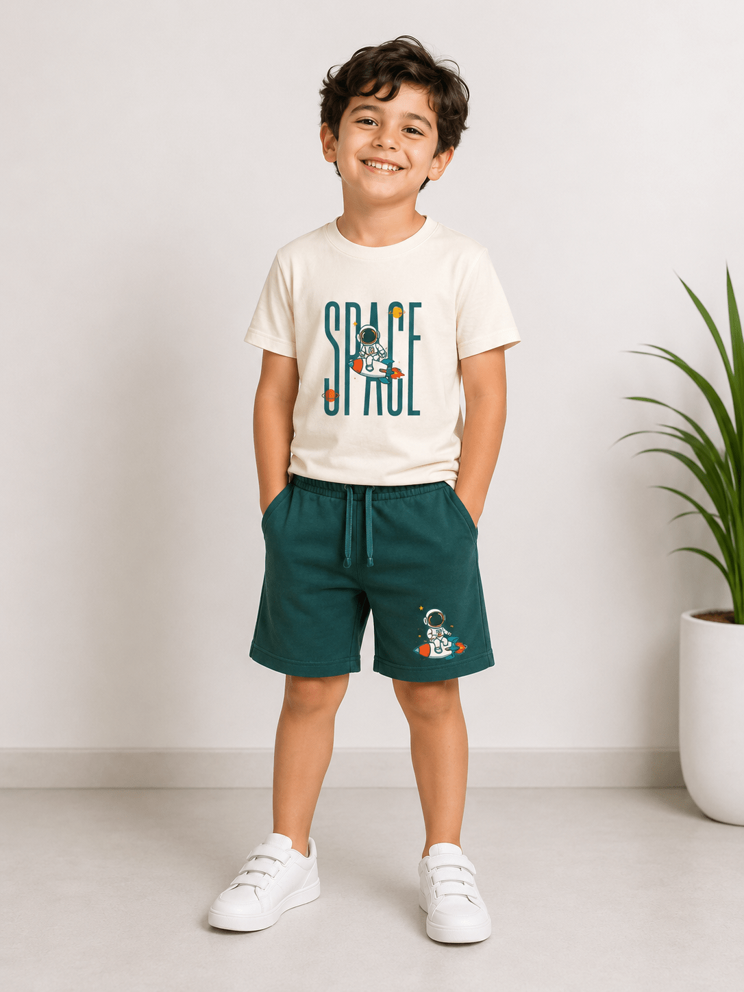 Boys’ Milton Short Pajama Set with Chest Print – Off White - Red Cotton