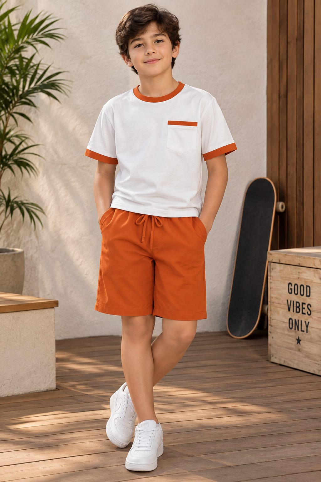 Boys’ Off-White & Orange Shorts Pajama Set - Red Cotton