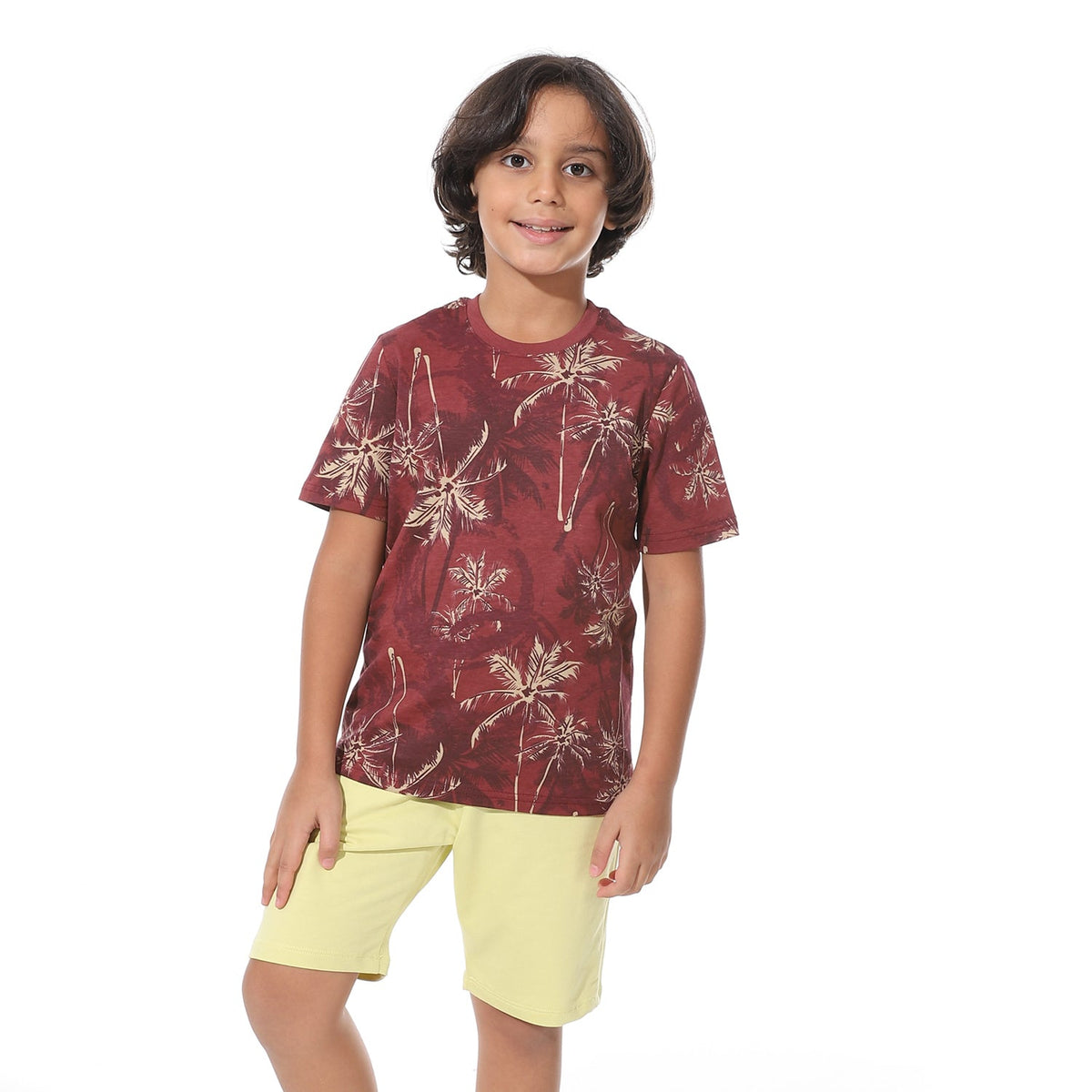 Boys Short Sleeves Tee & Slip On Shorts Pajama Set -Dark Red - Red Cotton