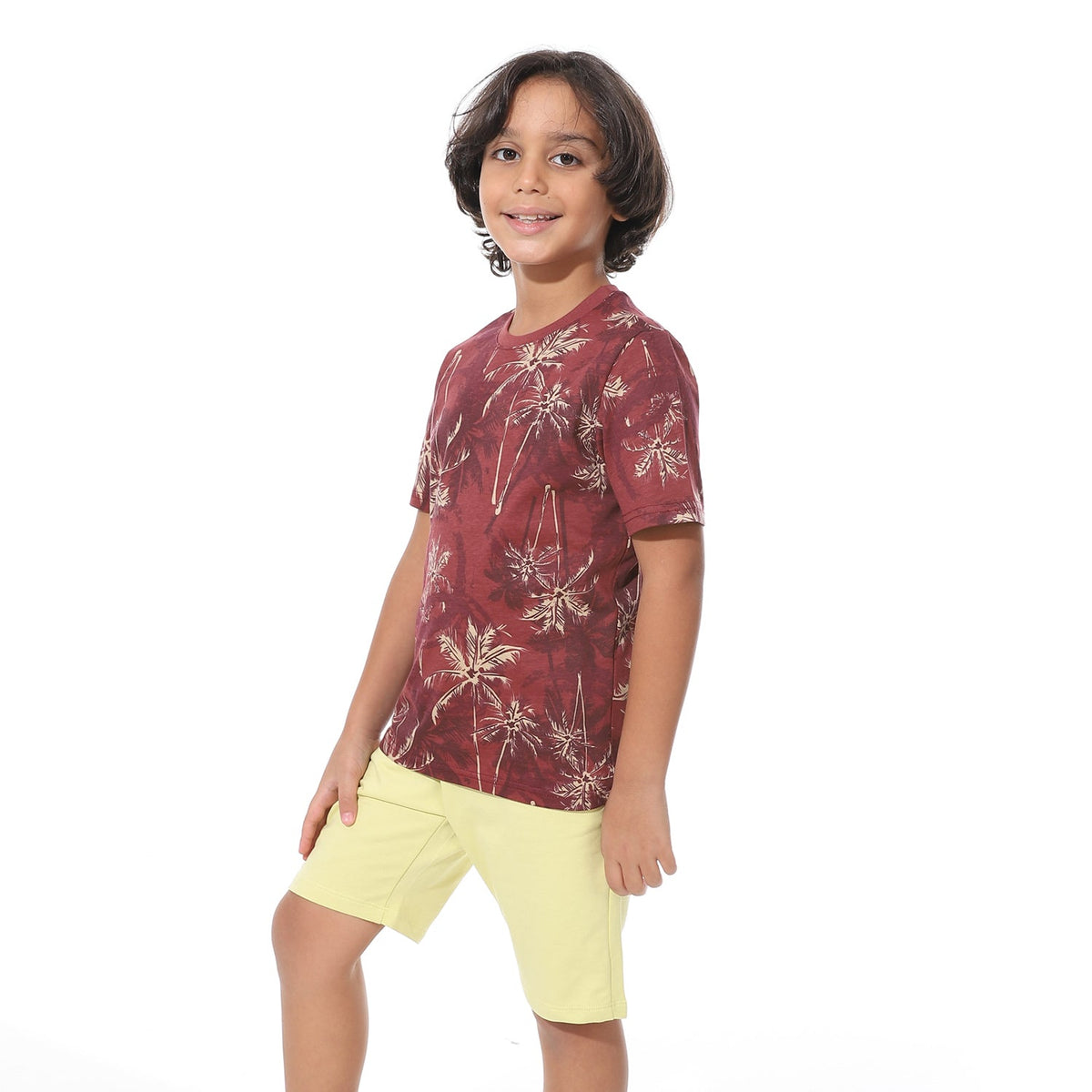 Boys Short Sleeves Tee & Slip On Shorts Pajama Set -Dark Red - Red Cotton