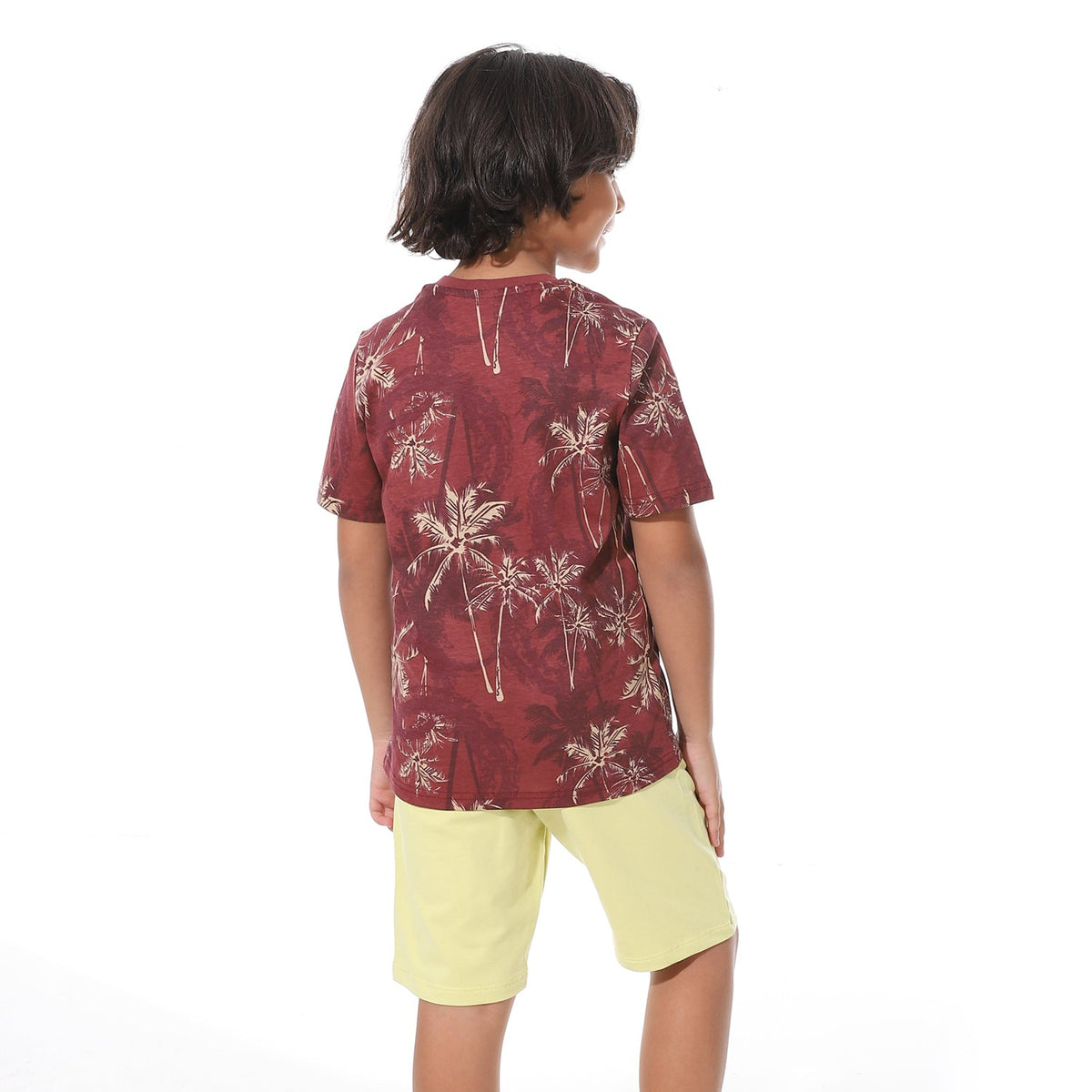 Boys Short Sleeves Tee & Slip On Shorts Pajama Set -Dark Red - Red Cotton