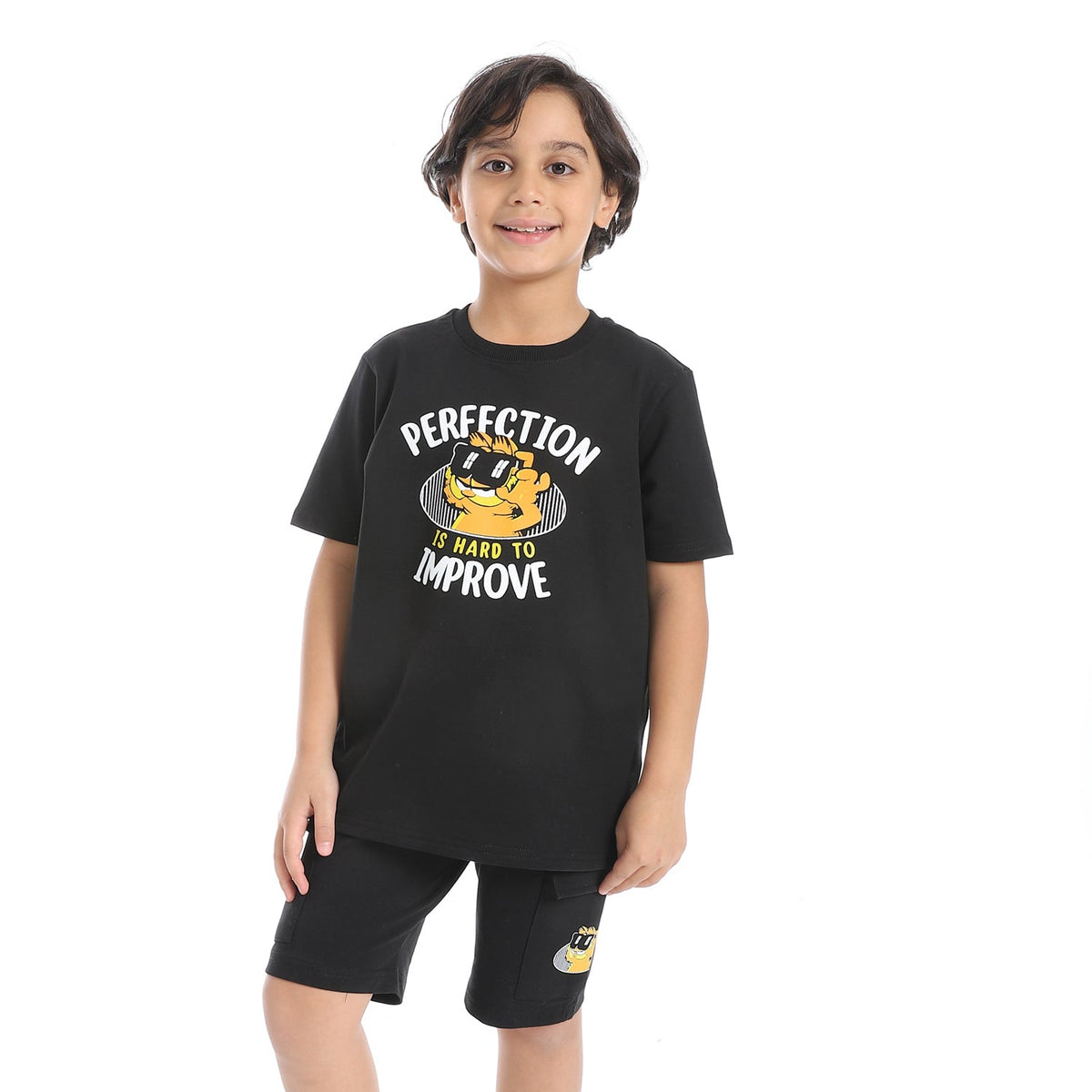 Boys' Summer 2-Piece Black Printed Shorts Set – Casual & Cool - Red Cotton