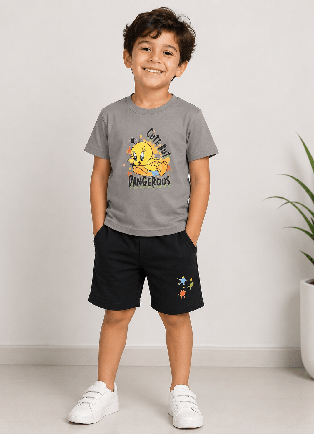 Boys Summer Milton Printed Pajama – Grey & Black - Red Cotton