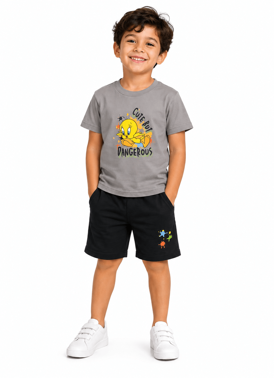 Boys Summer Milton Printed Pajama – Grey & Black - Red Cotton