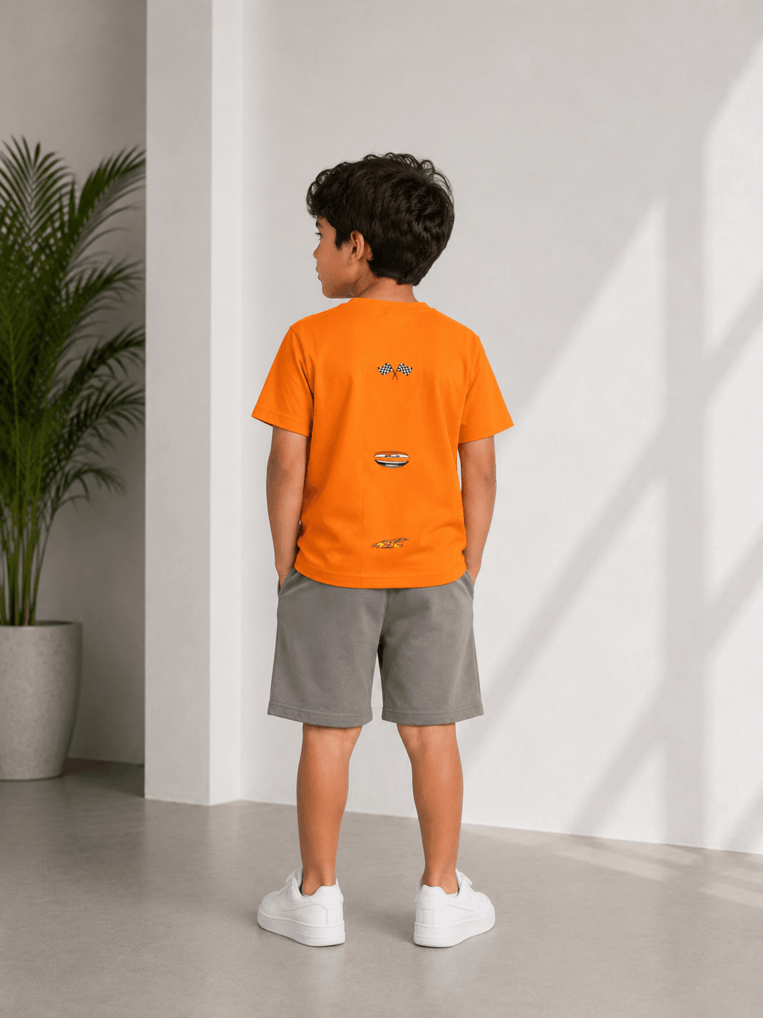 Boys Summer Pajama Set – Milton Fabric, Orange & Grey - Red Cotton