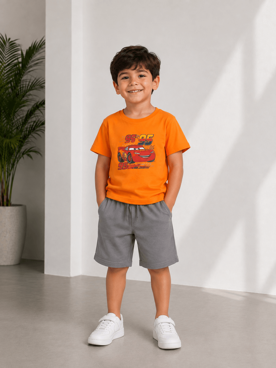 Boys Summer Pajama Set – Milton Fabric, Orange & Grey - Red Cotton