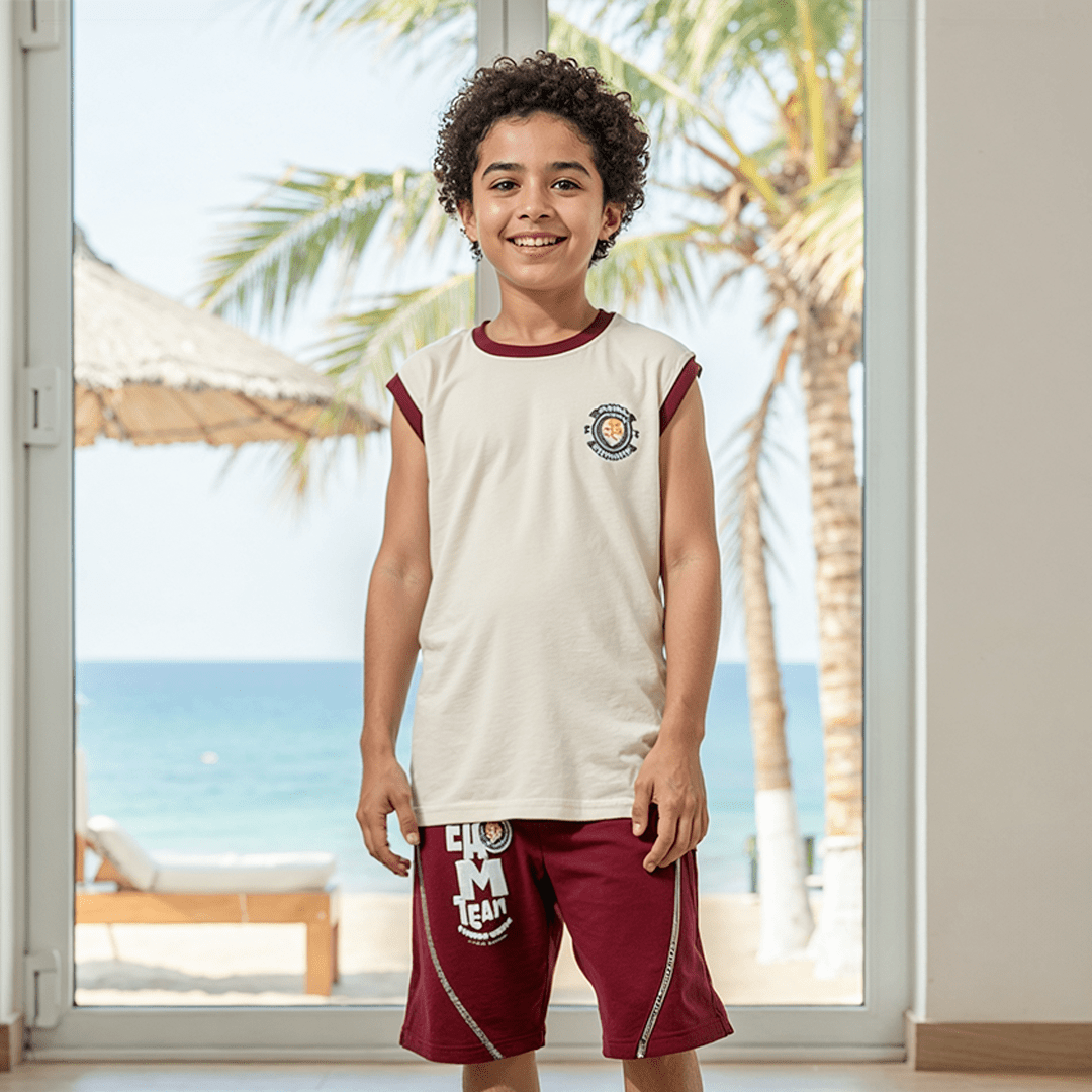 Boys’ Summer Sports Set – White T-Shirt & Maroon Printed Shorts - Red Cotton