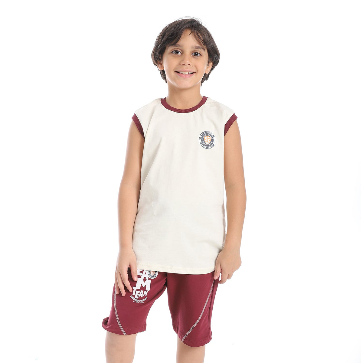 Boys’ Summer Sports Set – White T-Shirt & Maroon Printed Shorts - Red Cotton