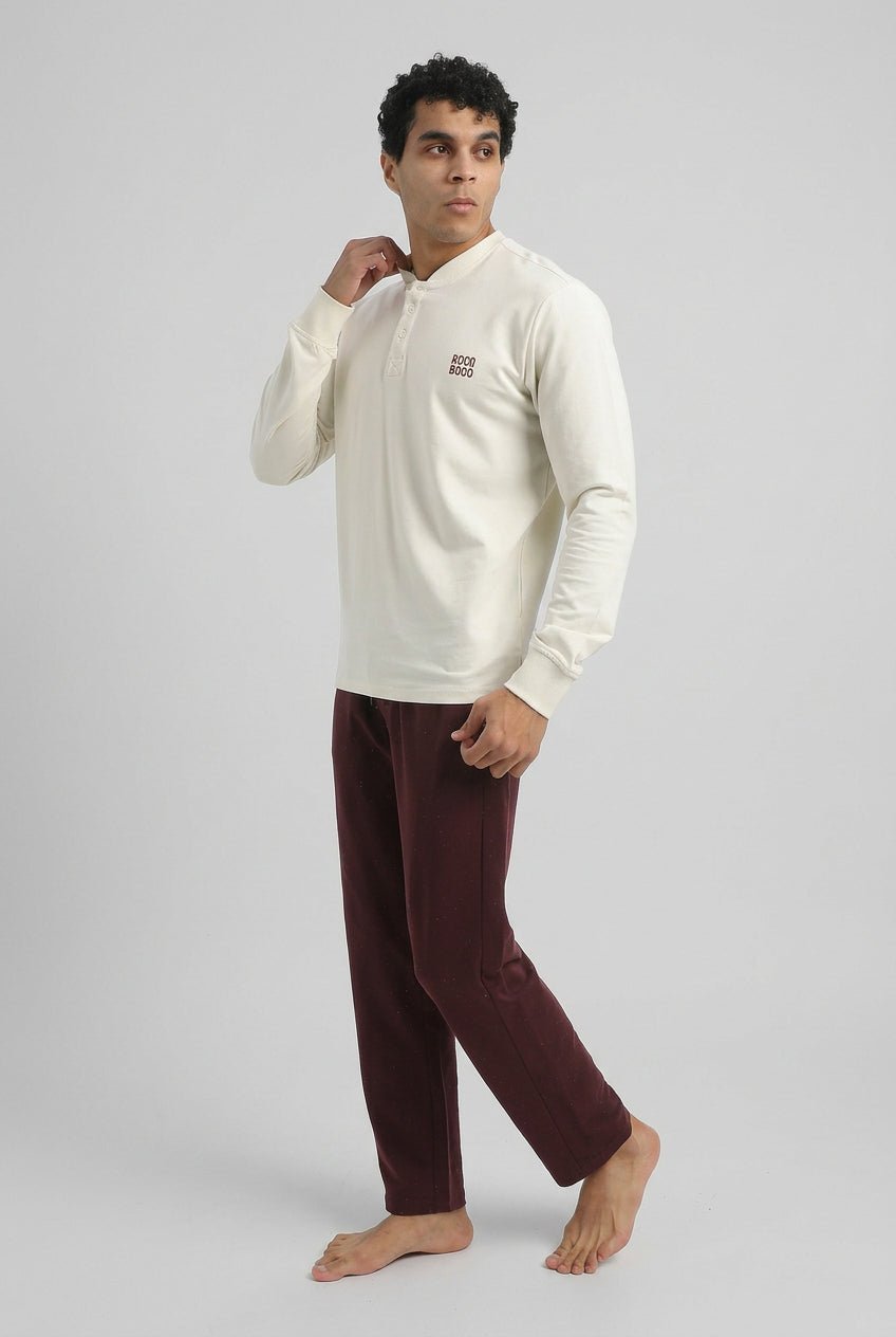 Classic Men’s Cotton Pajama Set – Long-Sleeve Top & Check Pants - Red Cotton