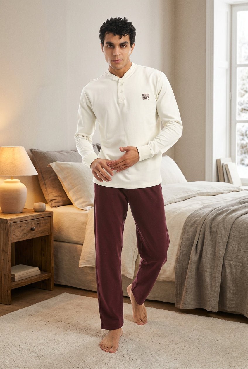 Classic Men’s Cotton Pajama Set – Long-Sleeve Top & Check Pants - Red Cotton