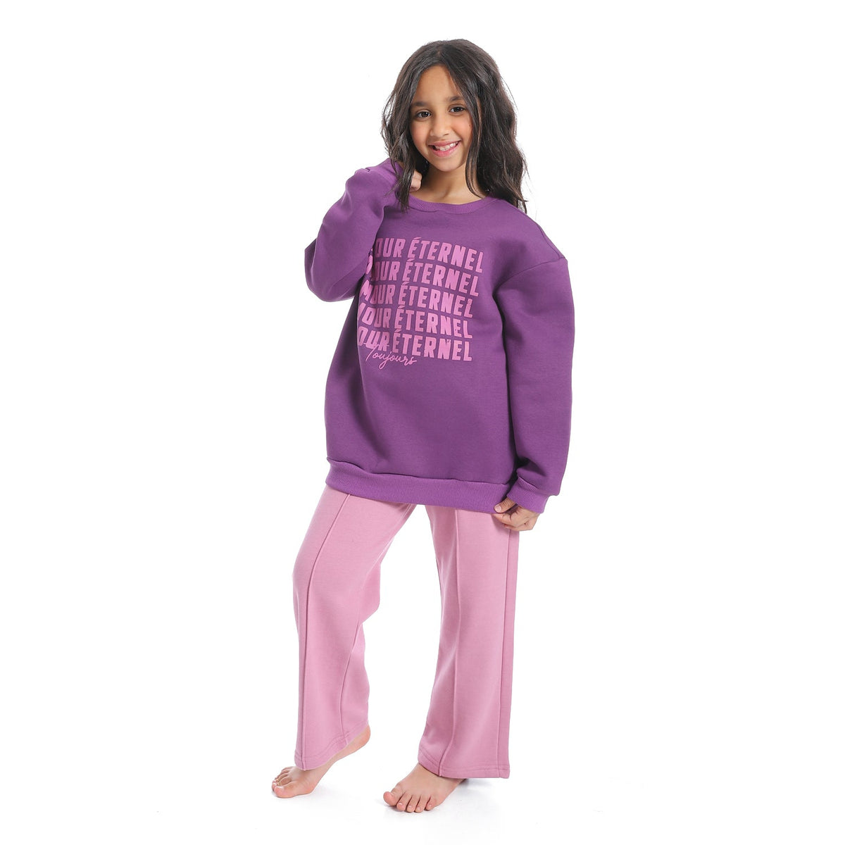 Cute Purple Winter Pajama Set with Wide Leg Trousers for Girls - Red Cotton
