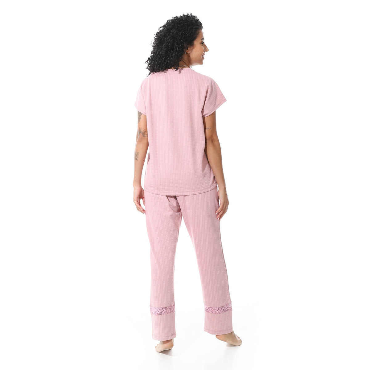 Elegant Summer Jacquard Pajama Set with Lace Detailing - Kashmir - Red Cotton