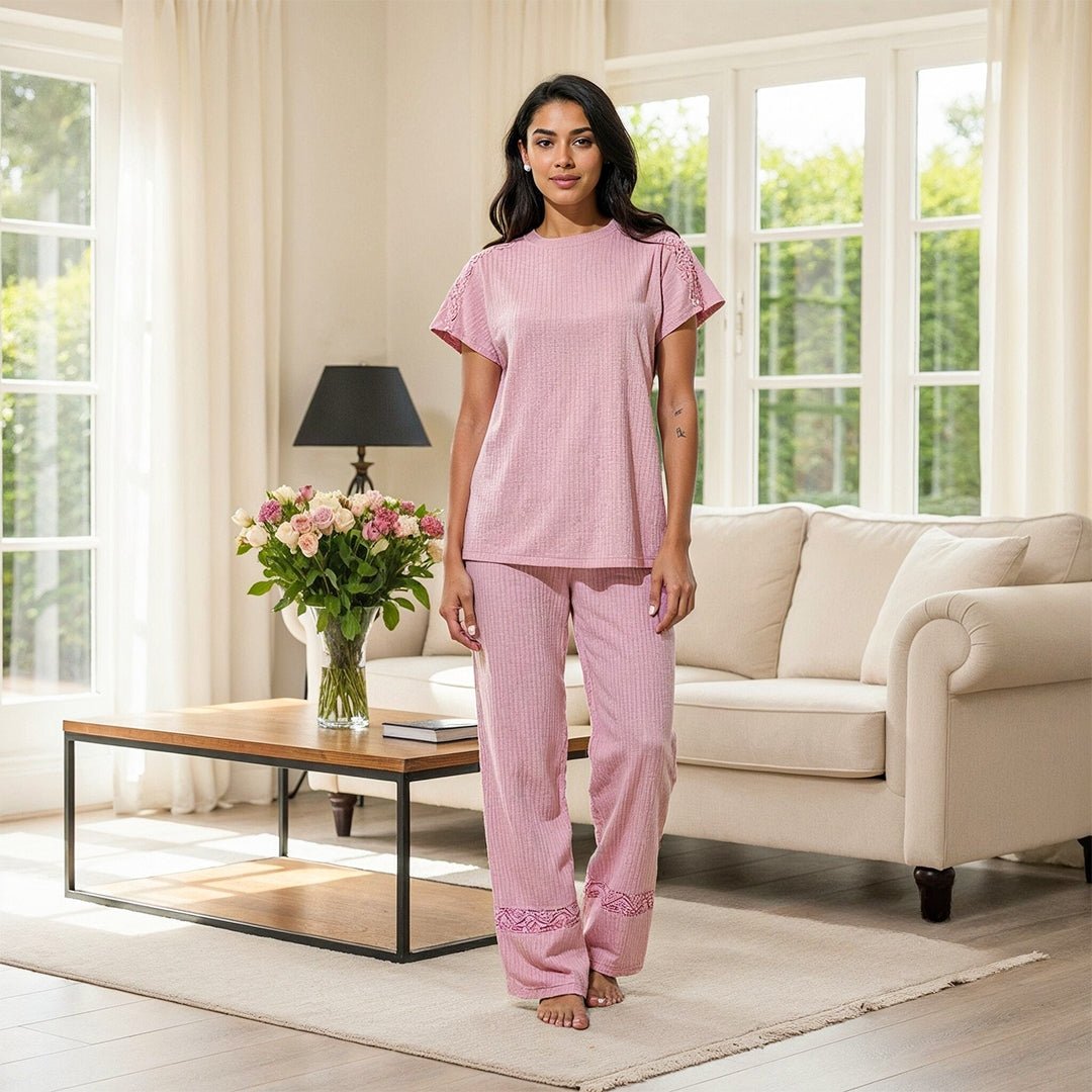 Elegant Summer Jacquard Pajama Set with Lace Detailing - Kashmir - Red Cotton