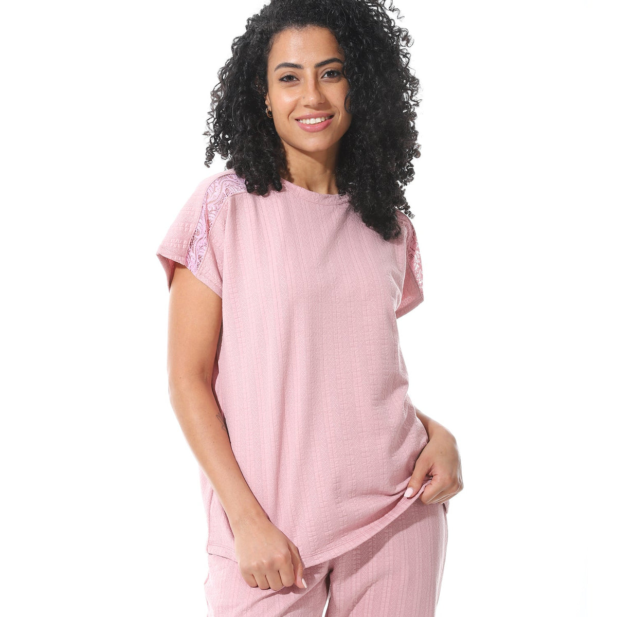Elegant Summer Jacquard Pajama Set with Lace Detailing - Kashmir - Red Cotton