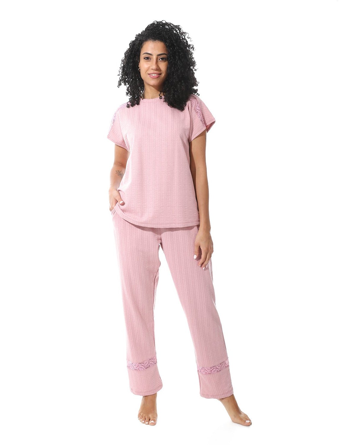 Elegant Summer Jacquard Pajama Set with Lace Detailing - Kashmir - Red Cotton