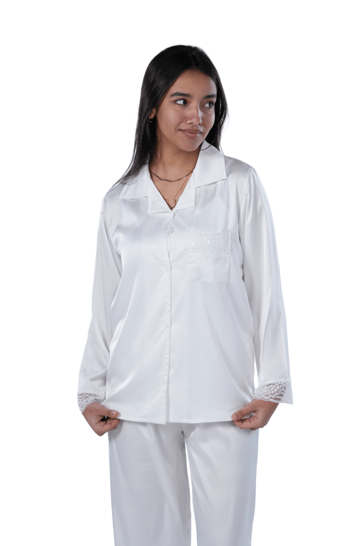 Elegant White Satin Pajama Set with Lace Trim - Red Cotton