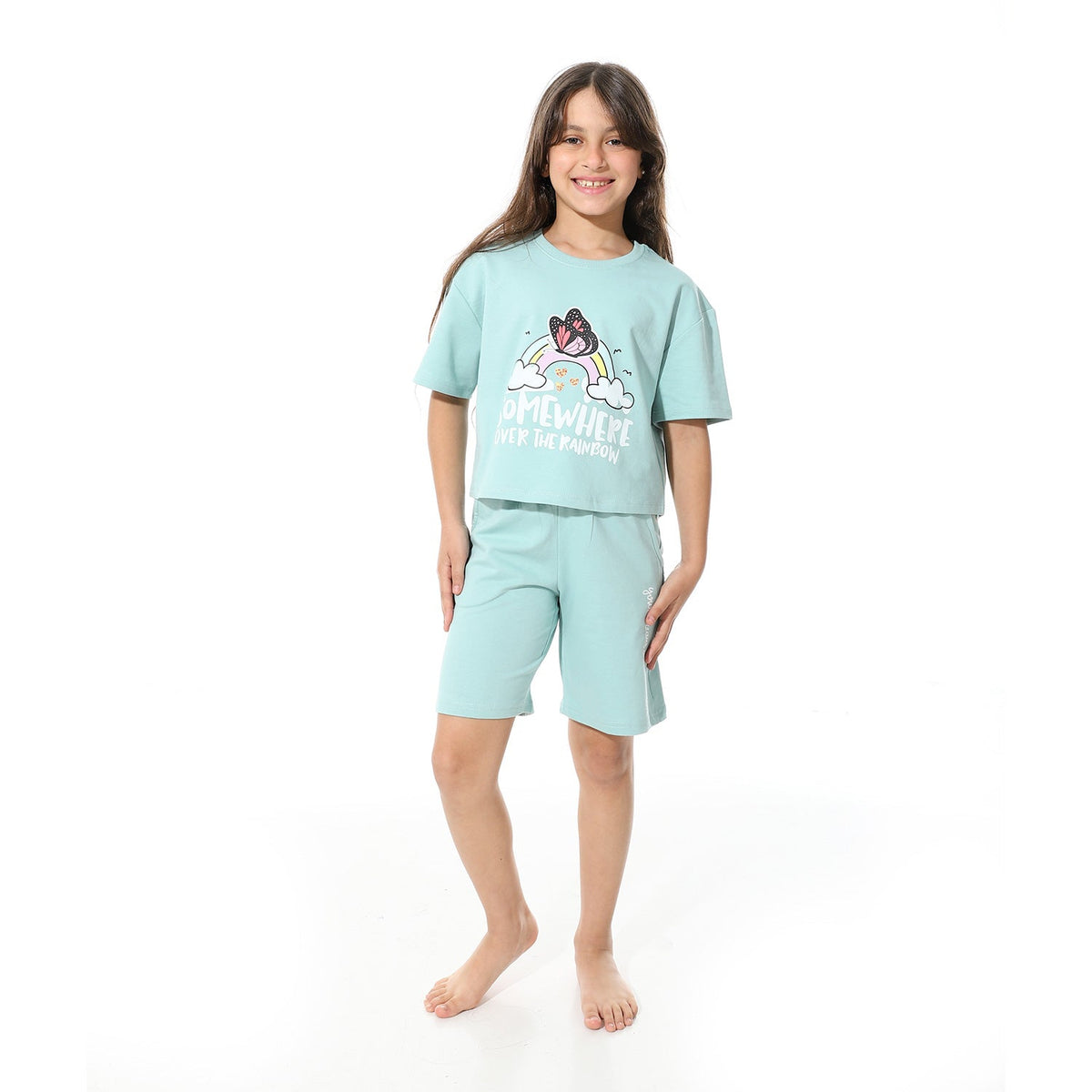 Girls’ Blue "Somewhere Over The Rainbow" Printed Short Set - Red Cotton