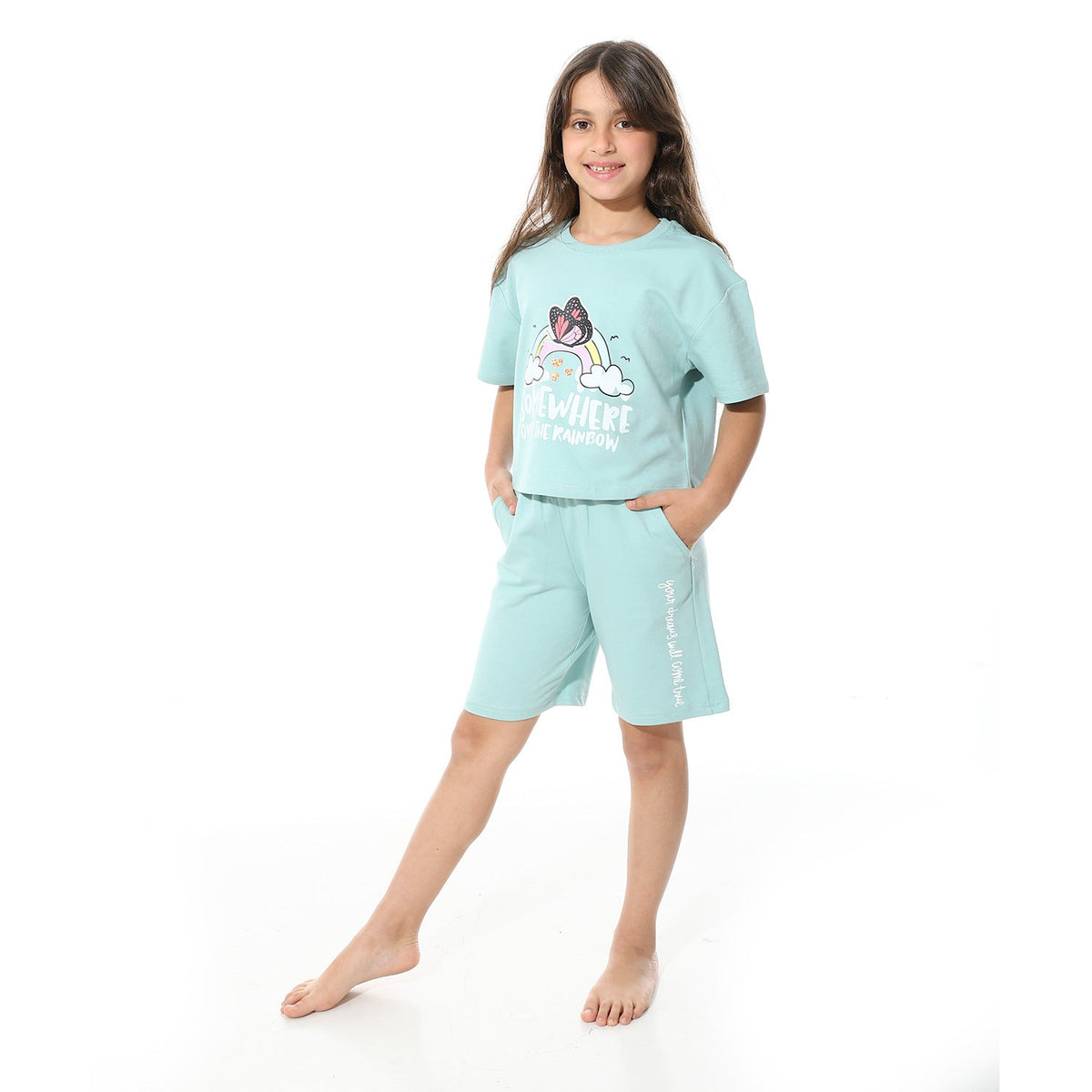 Girls’ Blue "Somewhere Over The Rainbow" Printed Short Set - Red Cotton