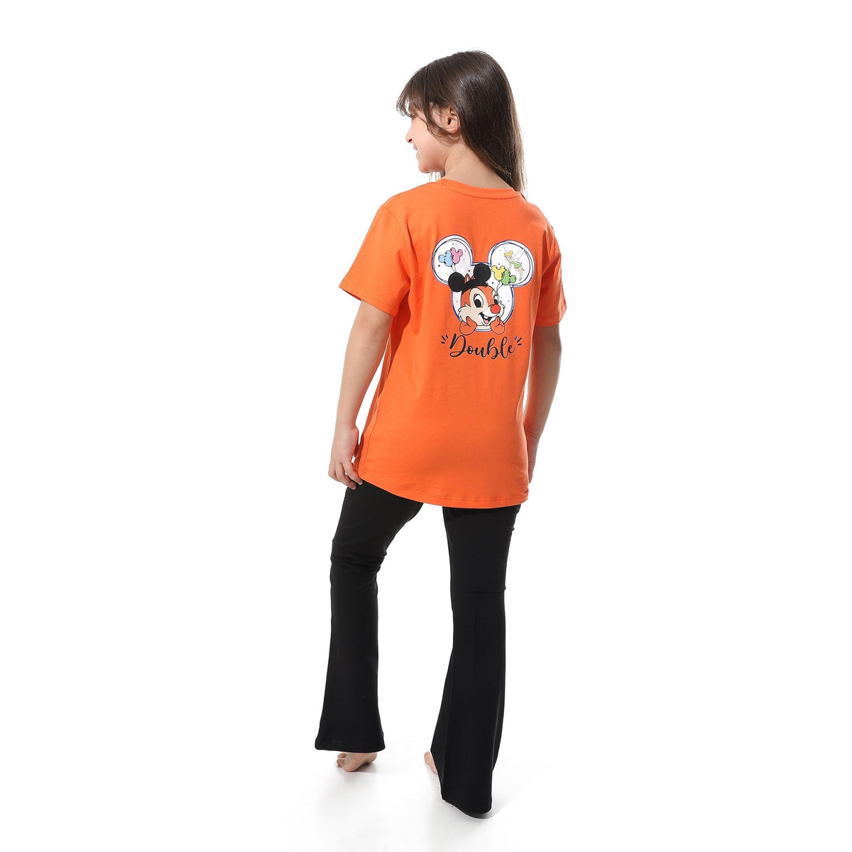 Girls' Cartoon Printed Pajama Sets with Back Print -Orange - Red Cotton