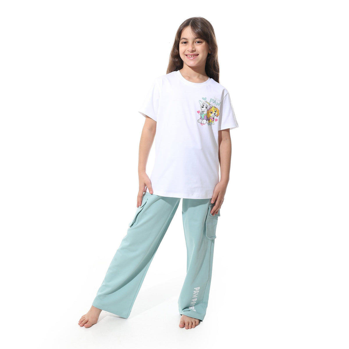 Girls' Cartoon Printed Pajama Sets with Back Print -White - Red Cotton
