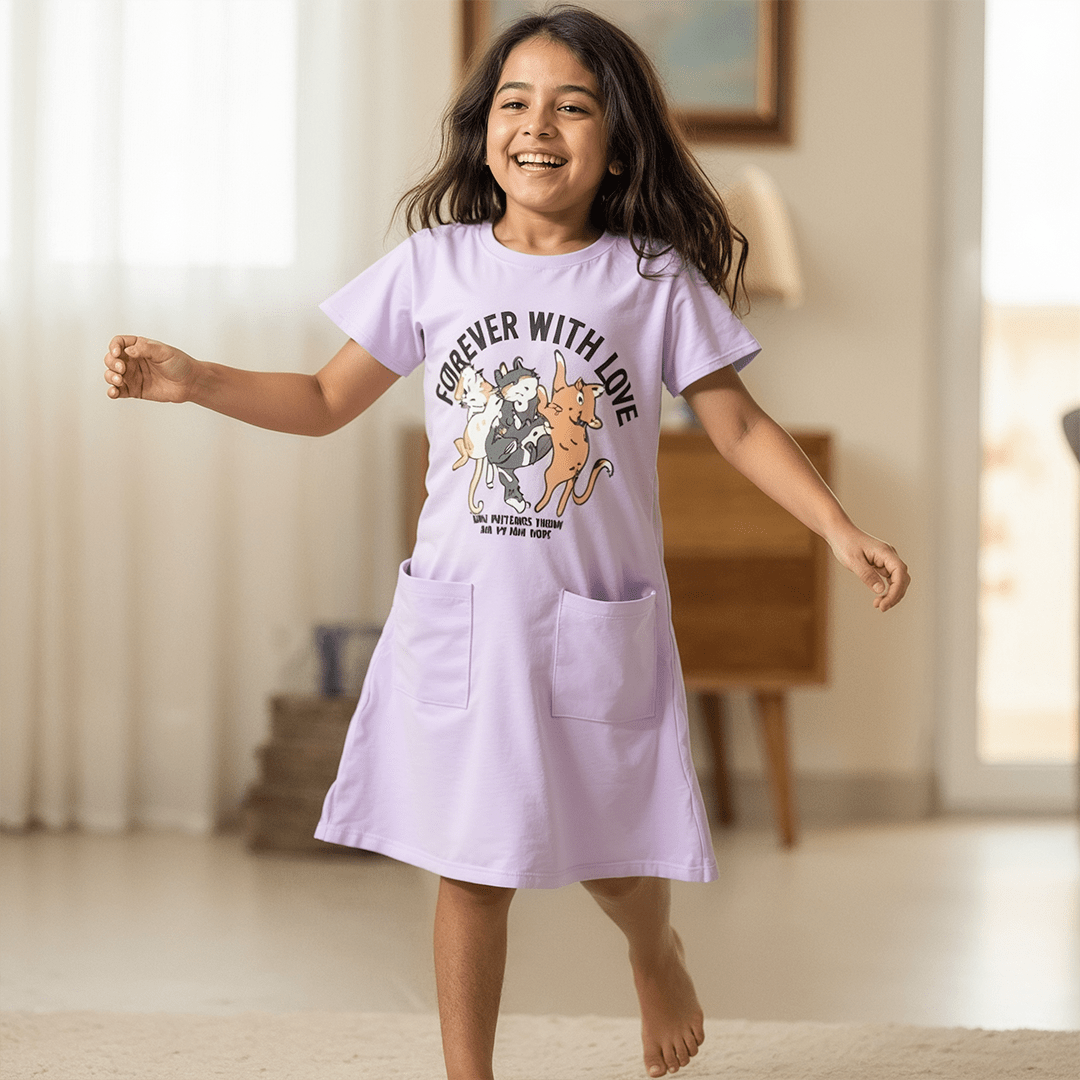 Girls' Cotton Short Dress "Forever with love" - Purple - Red Cotton