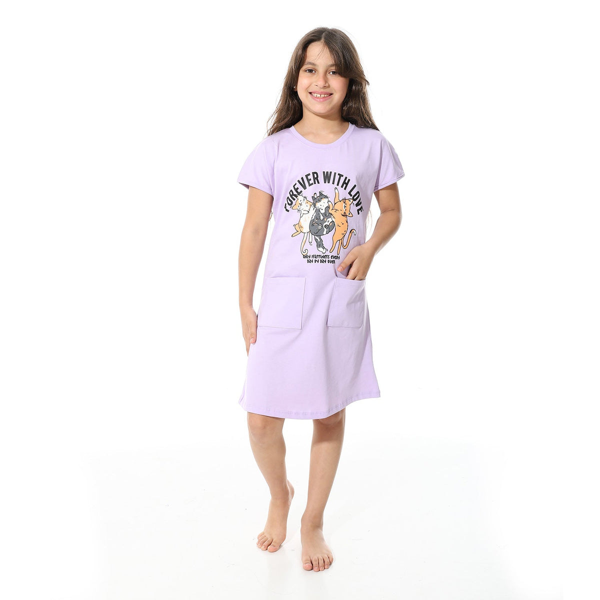 Girls' Cotton Short Dress "Forever with love" - Purple - Red Cotton